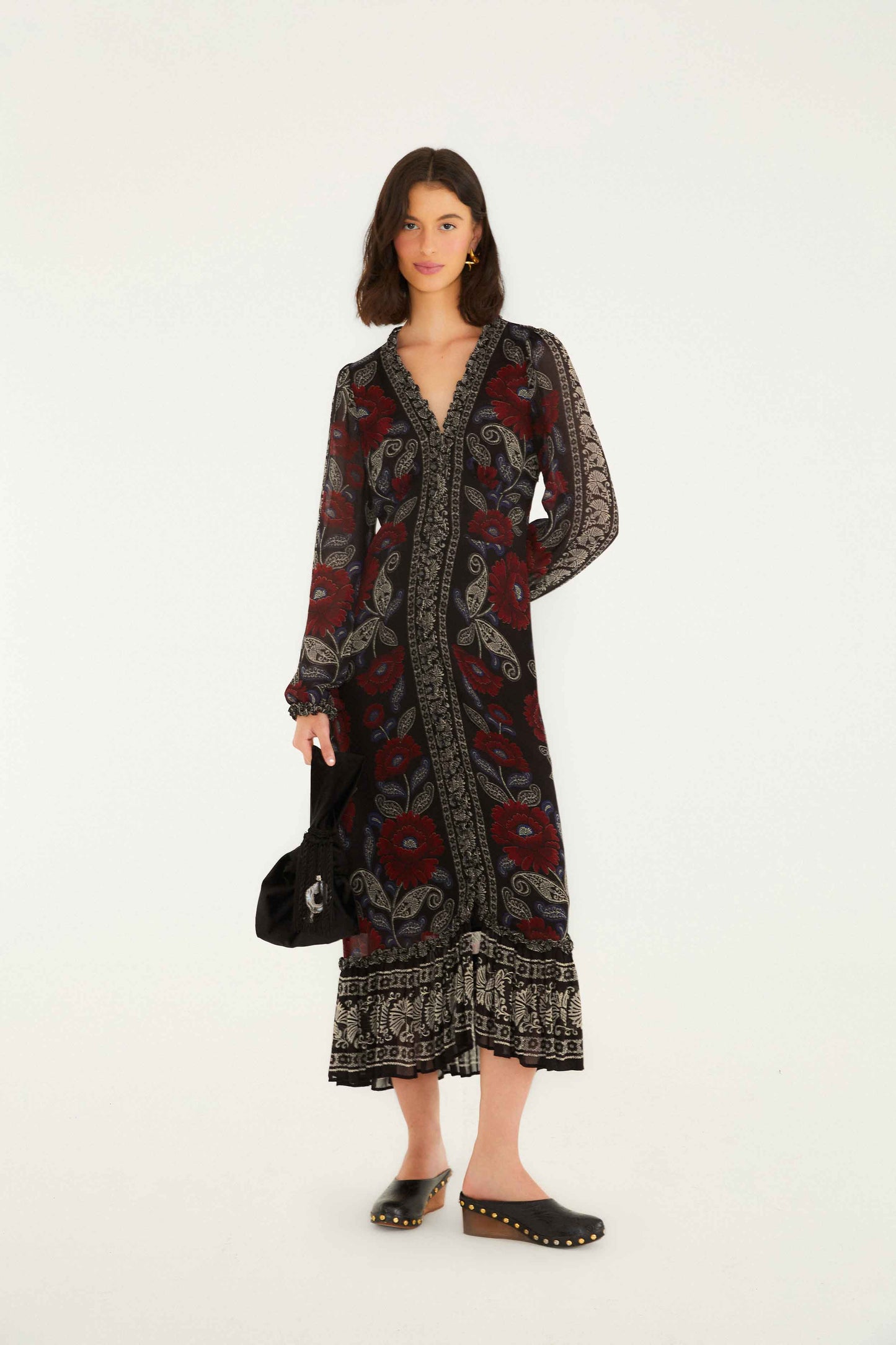 FARM Rio model wearing the Black Valentina Ruffled Long Sleeve Midi Dress