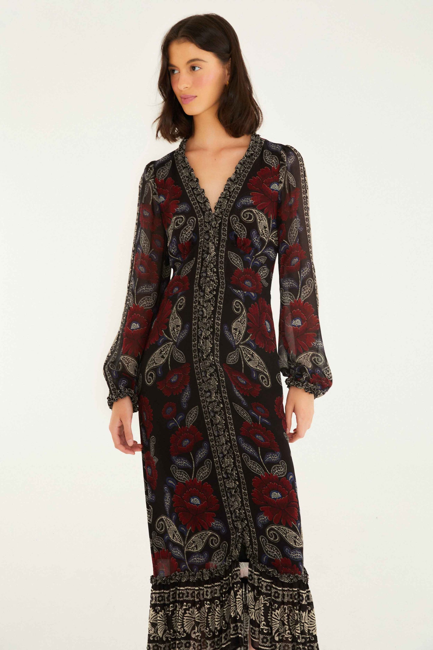 FARM Rio model wearing the Black Valentina Ruffled Long Sleeve Midi Dress
