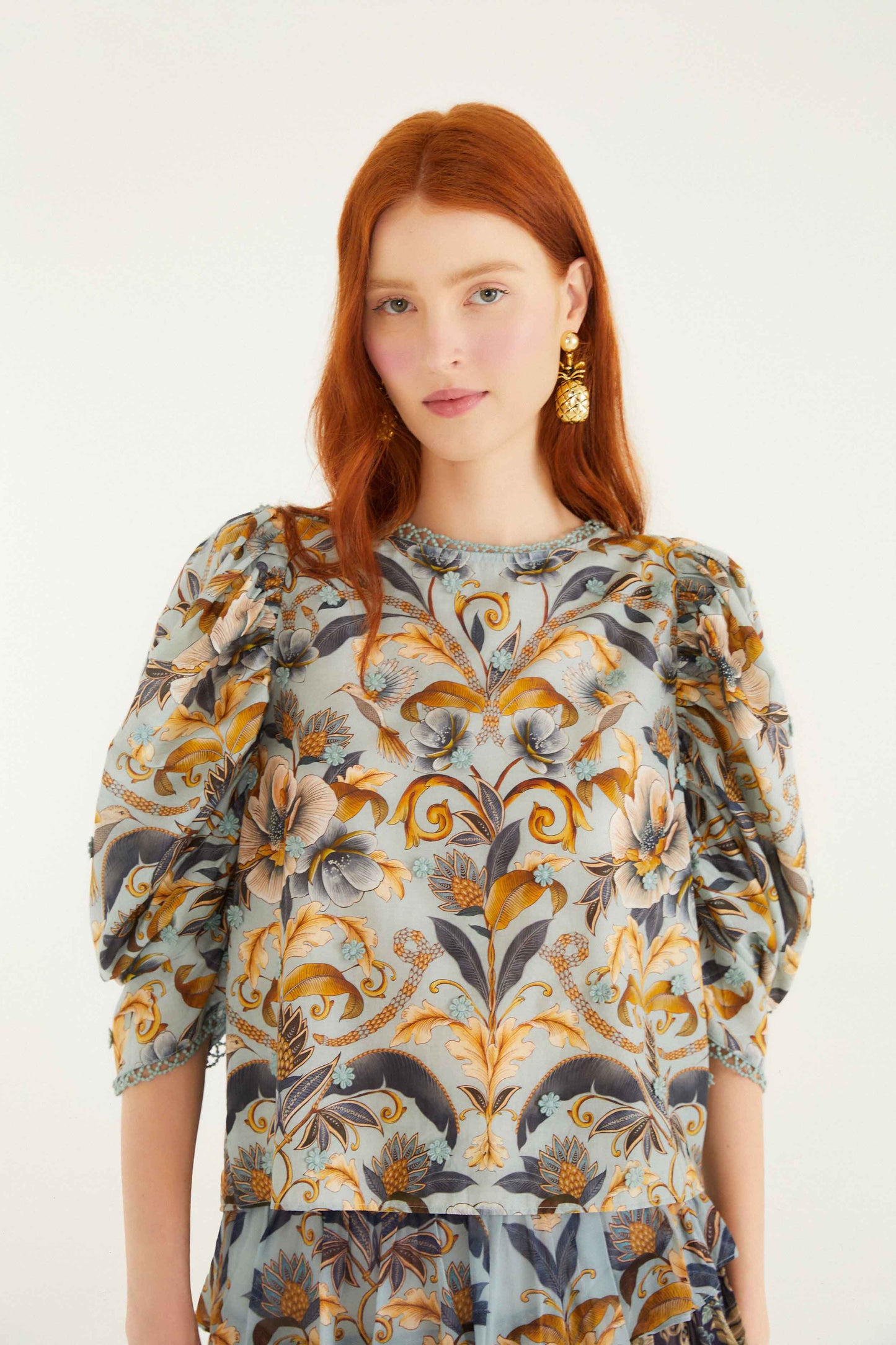 FARM Rio model wearing the Blue Snake Garden 3d Applique Blouse