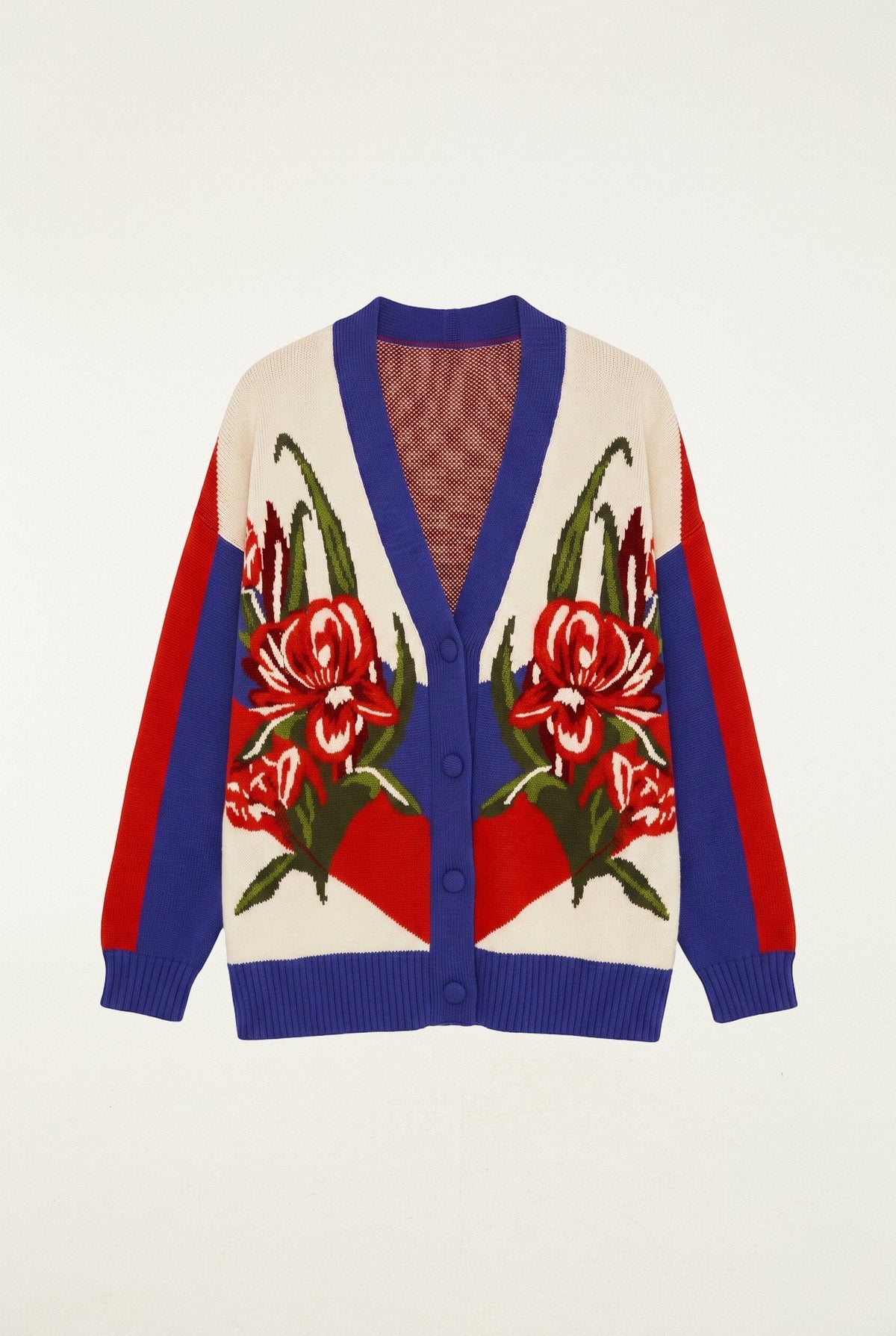Bold Stripe Flowers Buttoned Knit Cardigan