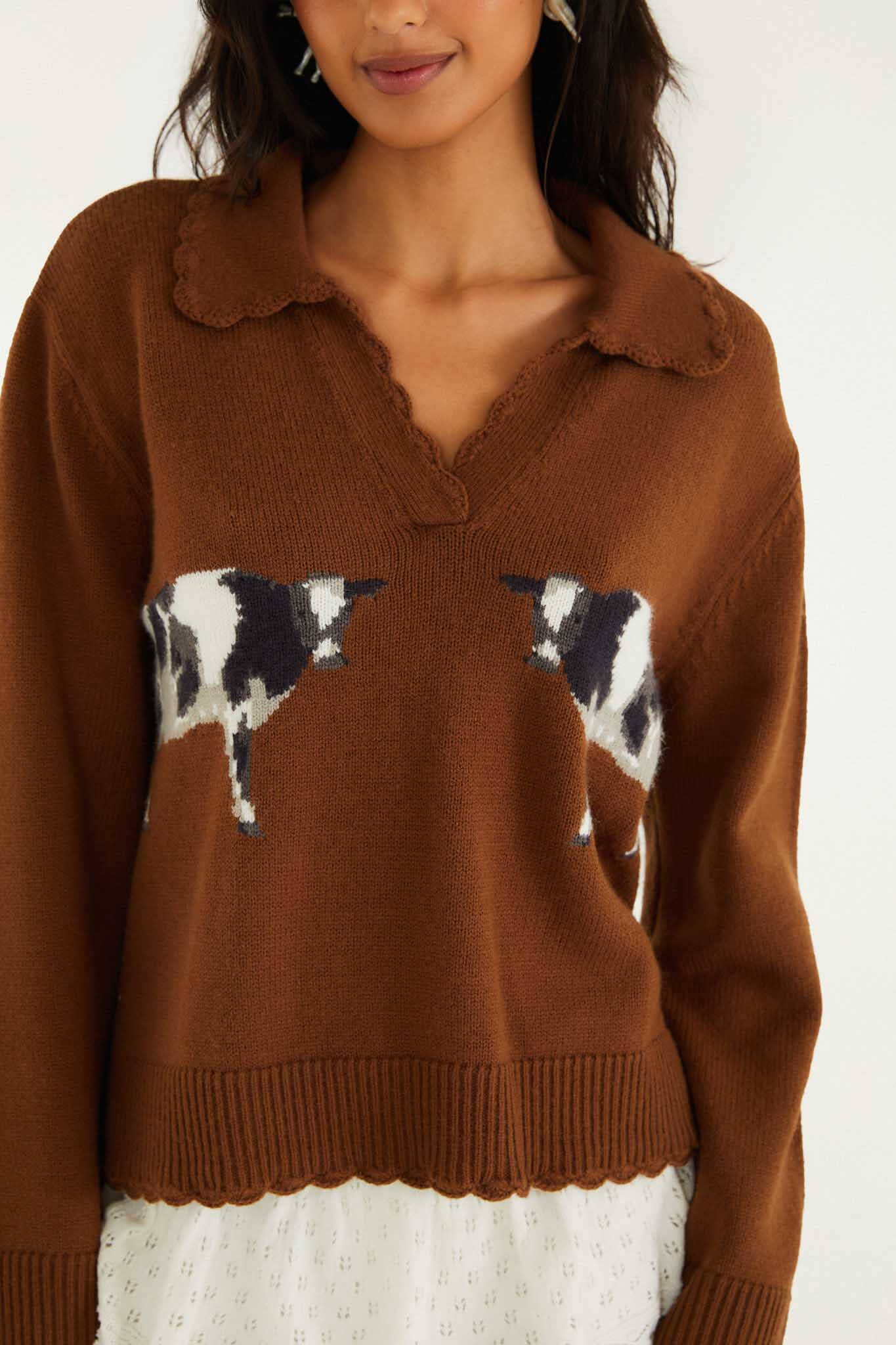 FARM Rio model wearing the Brown Countryside Cow Collared Knit Sweater