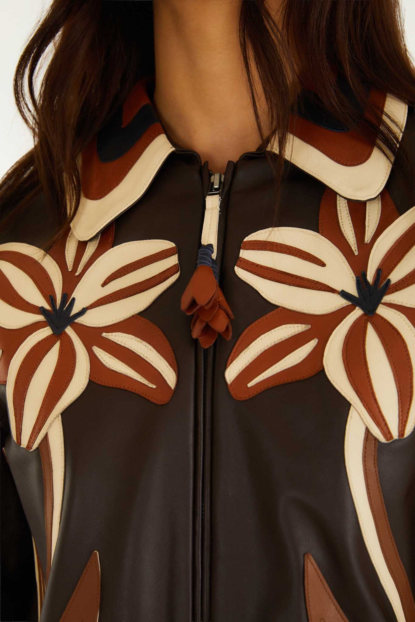 FARM Rio model wearing the Brown Flower Cutwork Collared Leather Jacket