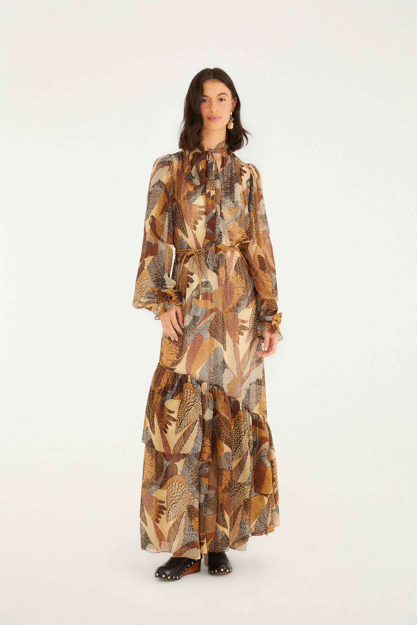 FARM Rio model wearing the Cream Dotted Macaws Long Sleeve Maxi Dress