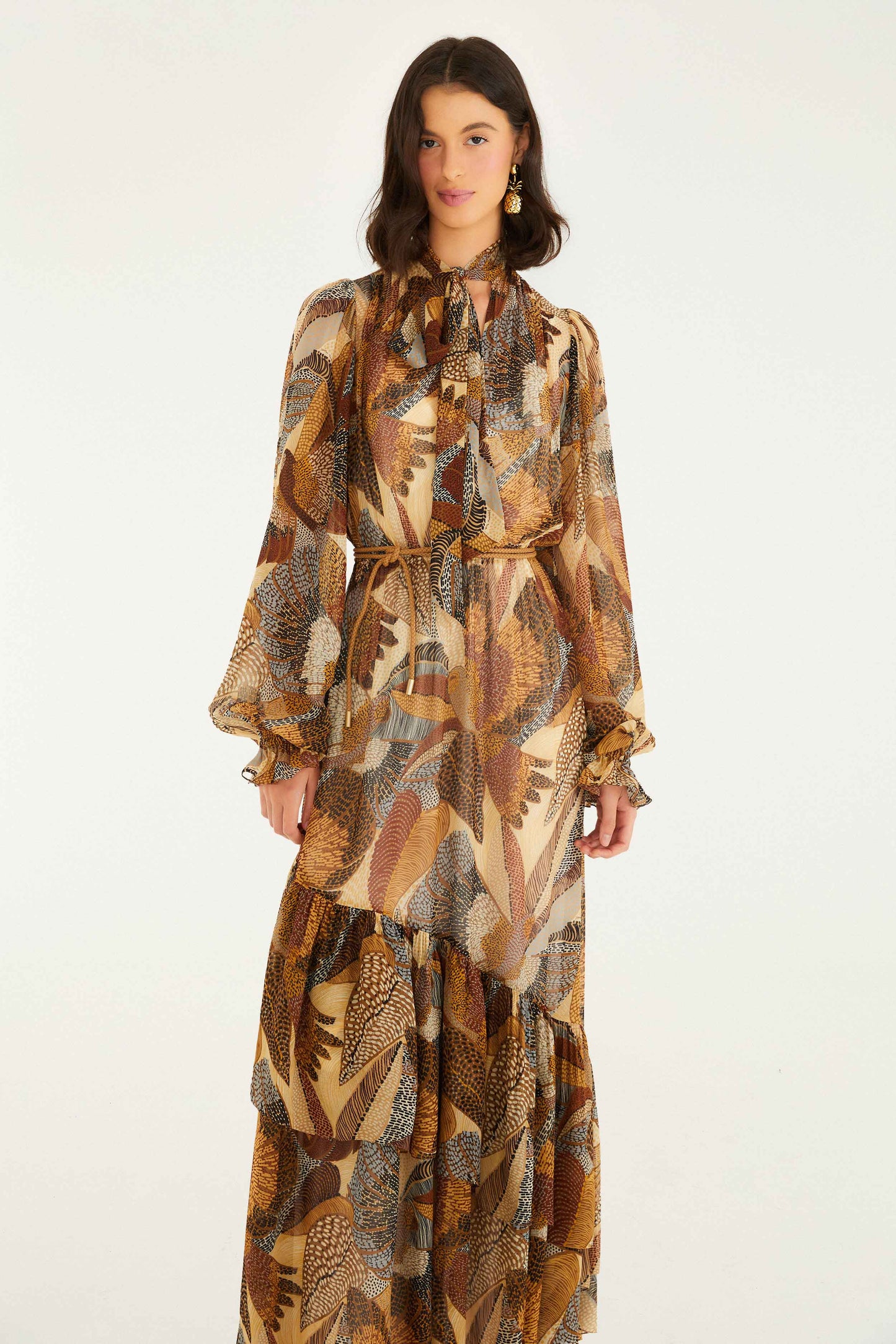FARM Rio model wearing the Cream Dotted Macaws Long Sleeve Maxi Dress