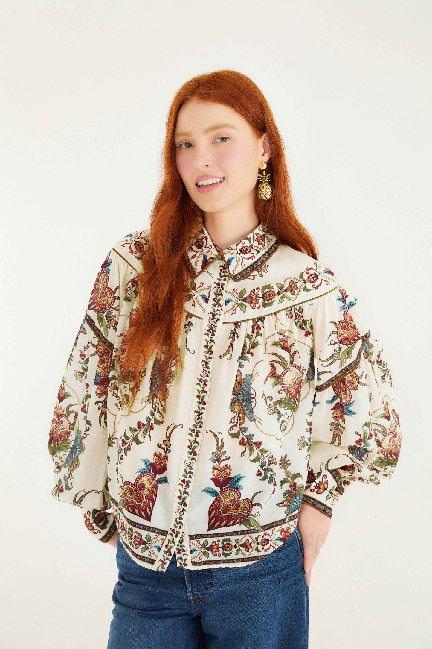 FARM Rio model wearing the Cream Majestic Hearts Blouse