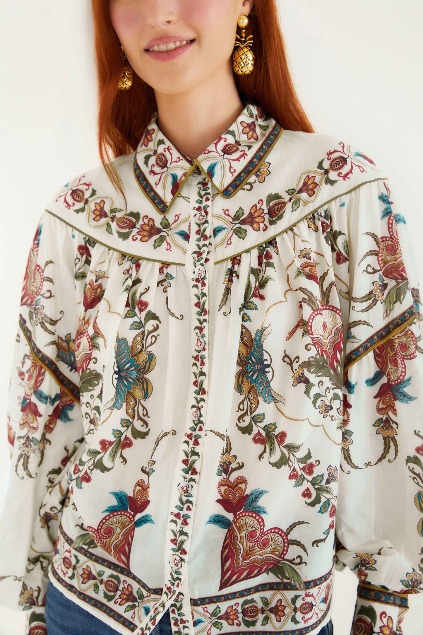 FARM Rio model wearing the Cream Majestic Hearts Blouse