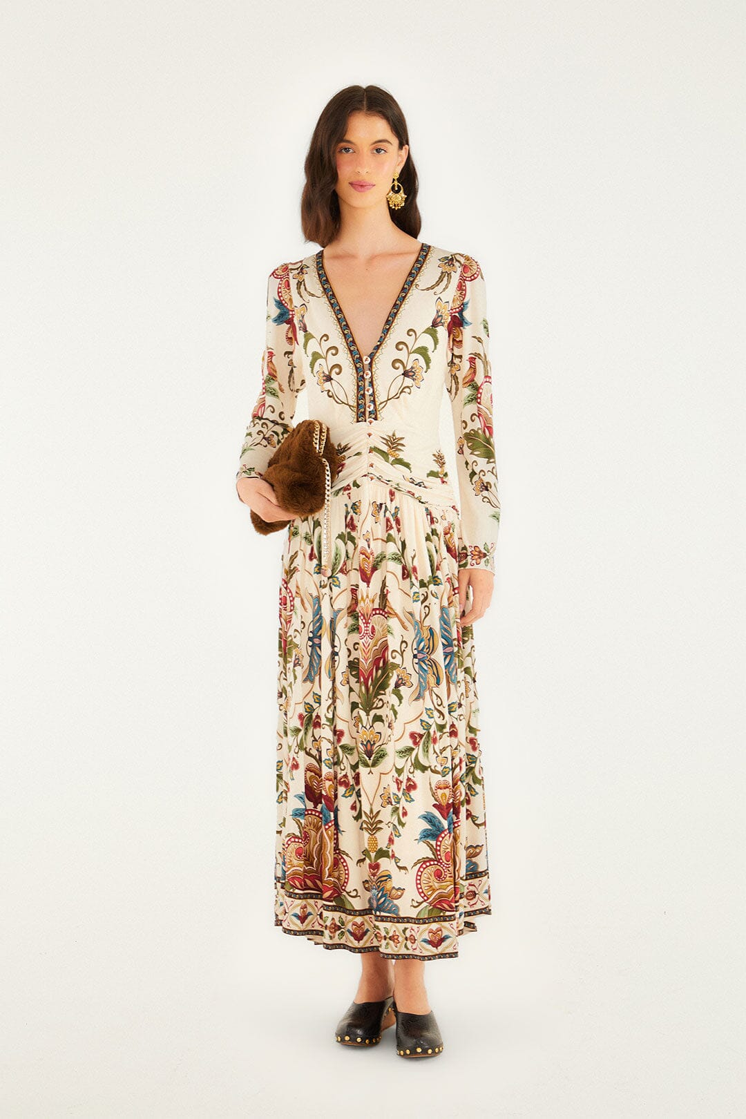 FARM Rio model wearing the Cream Majestic Hearts Long Sleeve Midi Dress