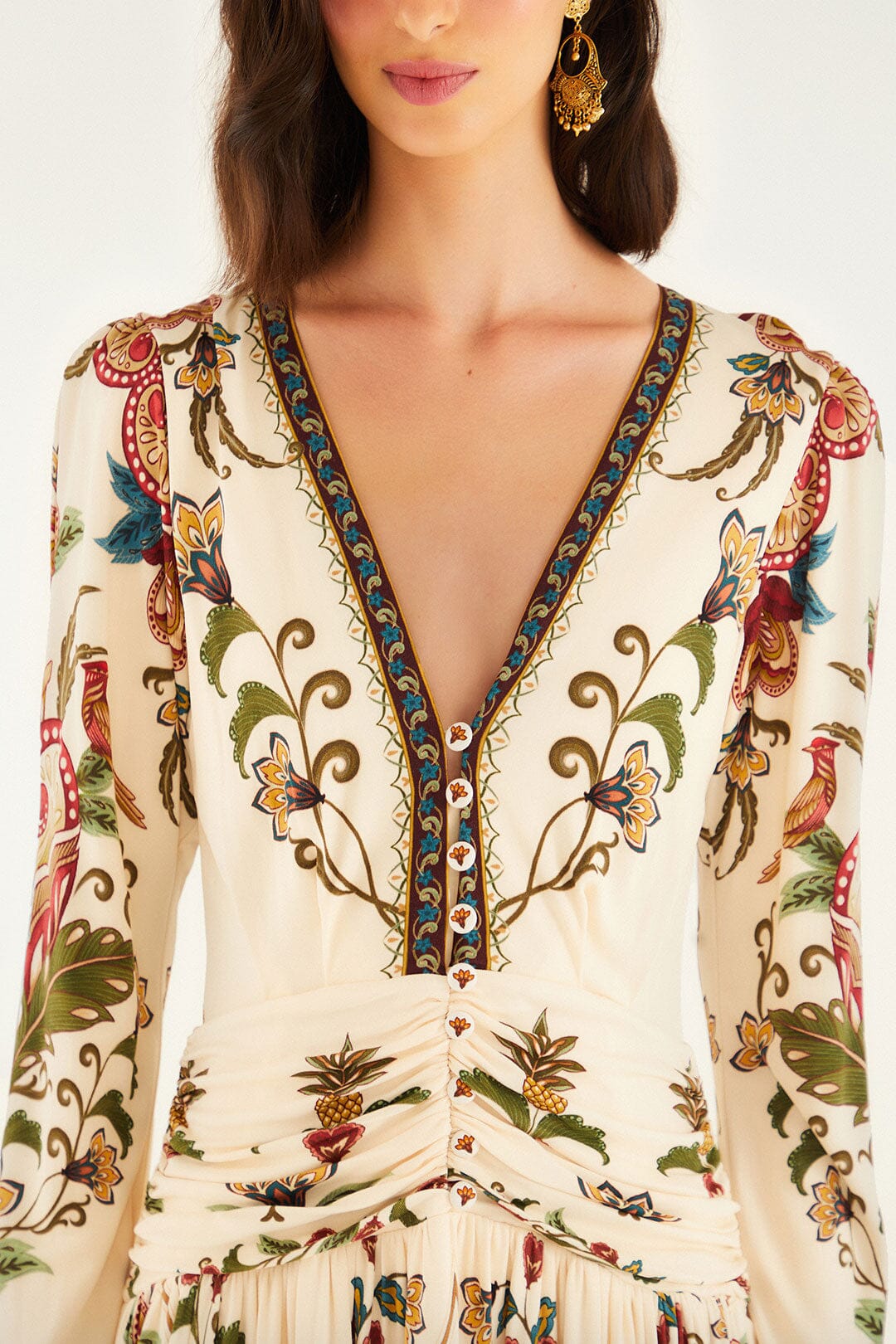 FARM Rio model wearing the Cream Majestic Hearts Long Sleeve Midi Dress