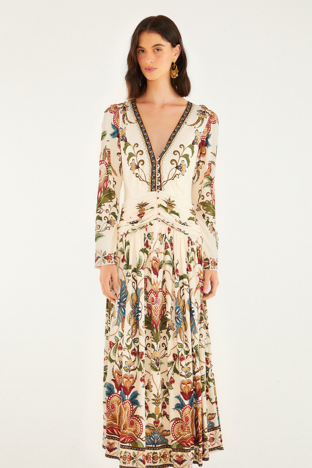 FARM Rio model wearing the Cream Majestic Hearts Long Sleeve Midi Dress