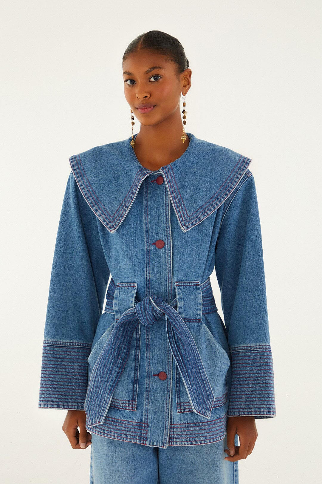 FARM Rio model wearing the Denim Collared Belted Trench Coat