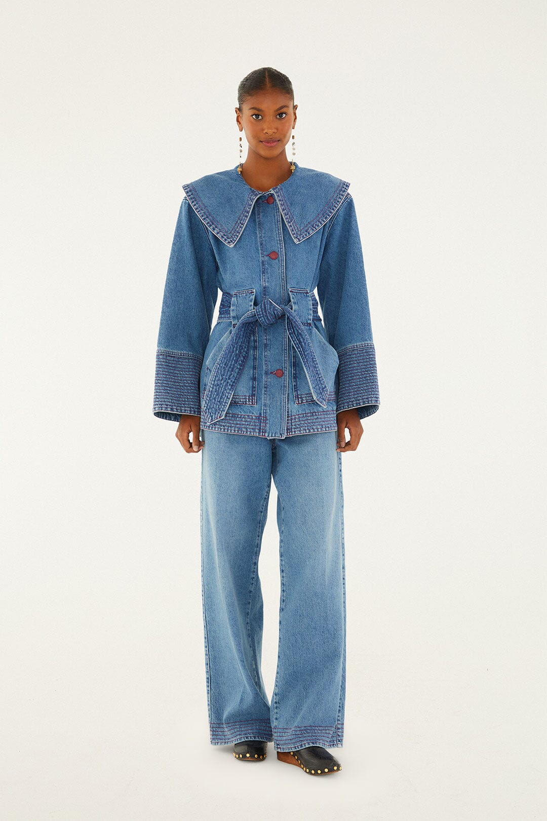 FARM Rio model wearing the Denim Collared Belted Trench Coat