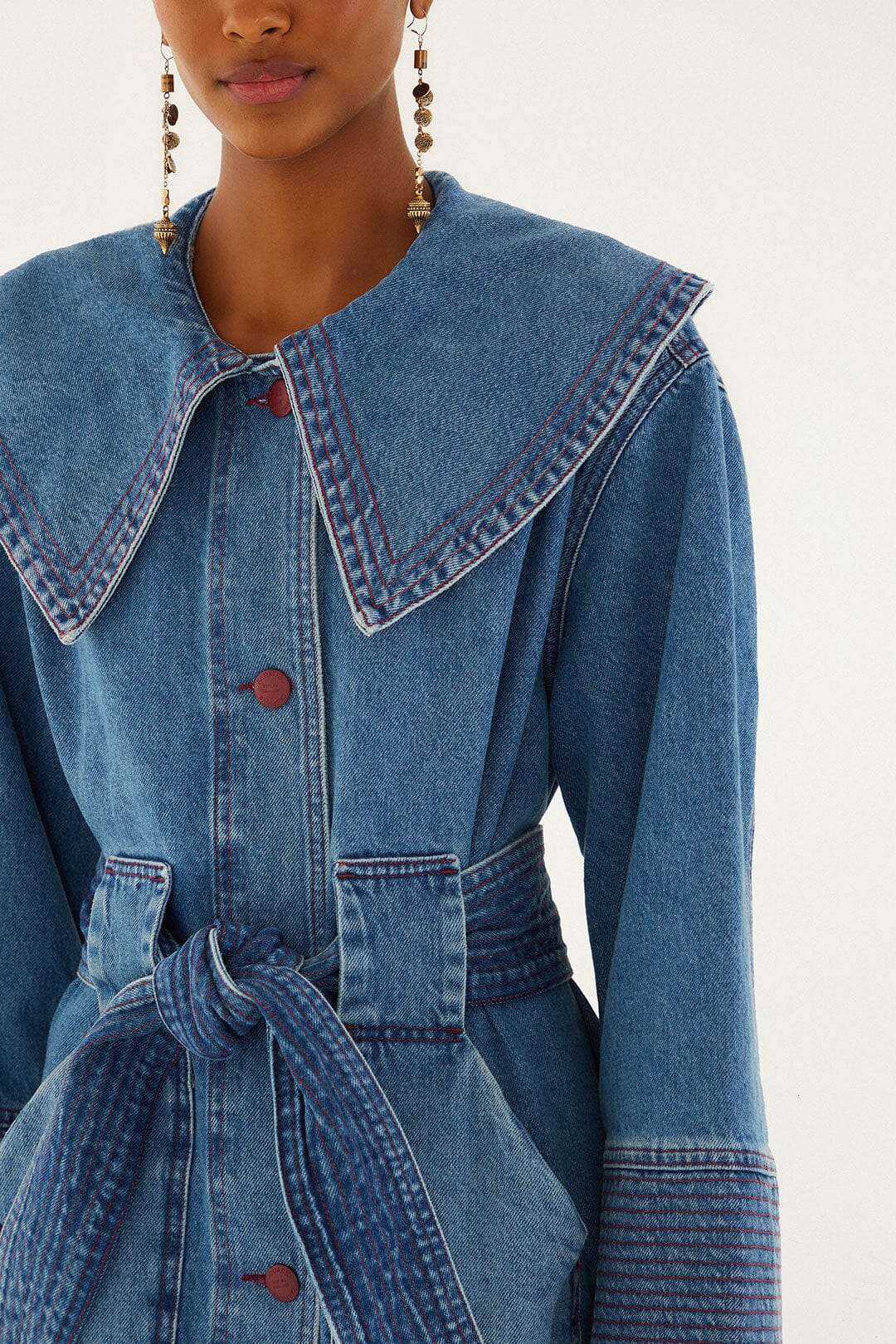 FARM Rio model wearing the Denim Collared Belted Trench Coat