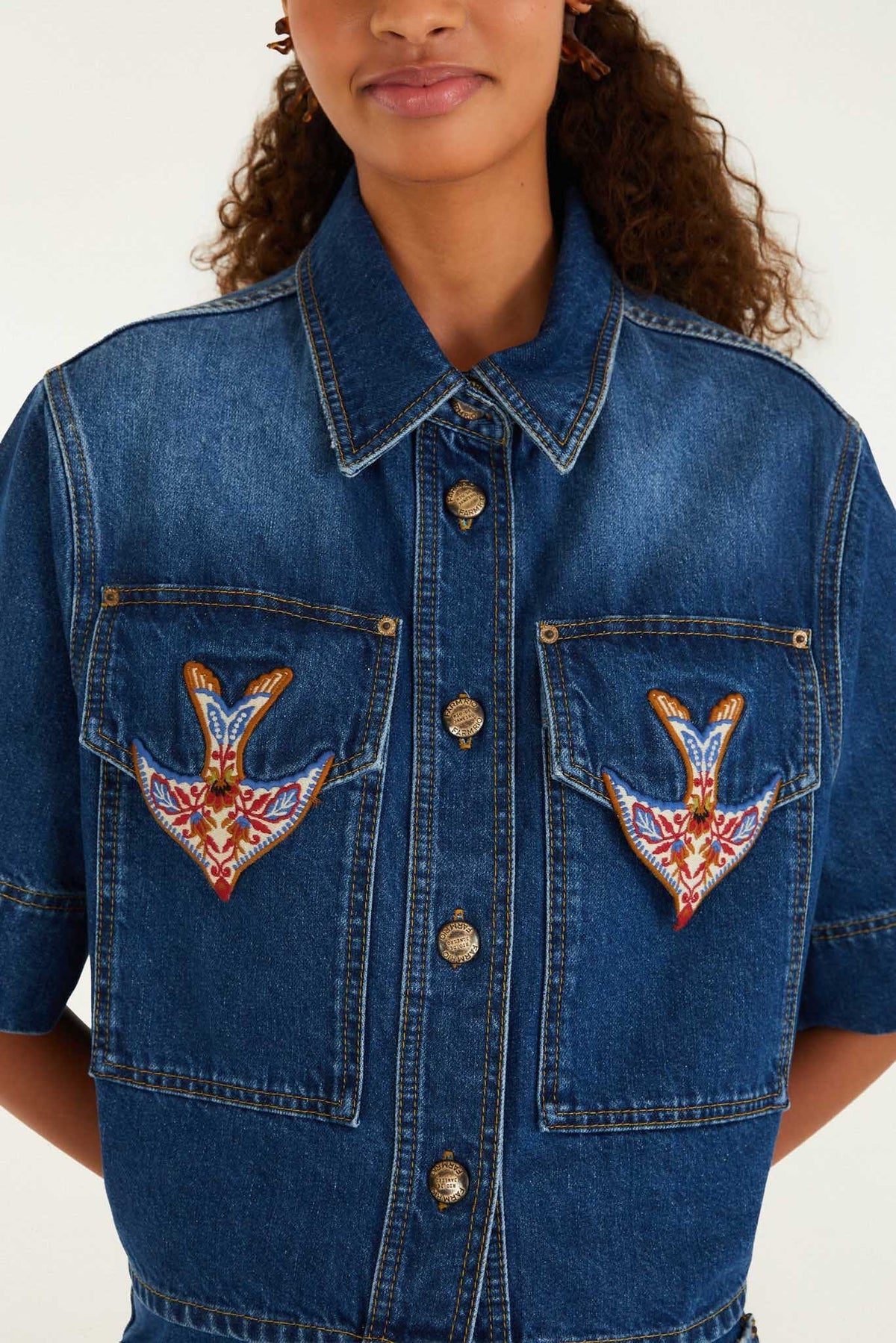 Denim Porcelain Birds Embroidered Shirt