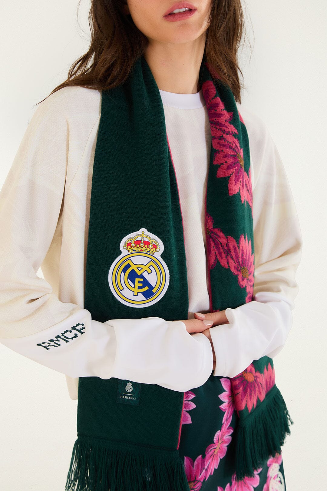 FARM Rio model wearing the Flowerbana Green Adidas Scarf