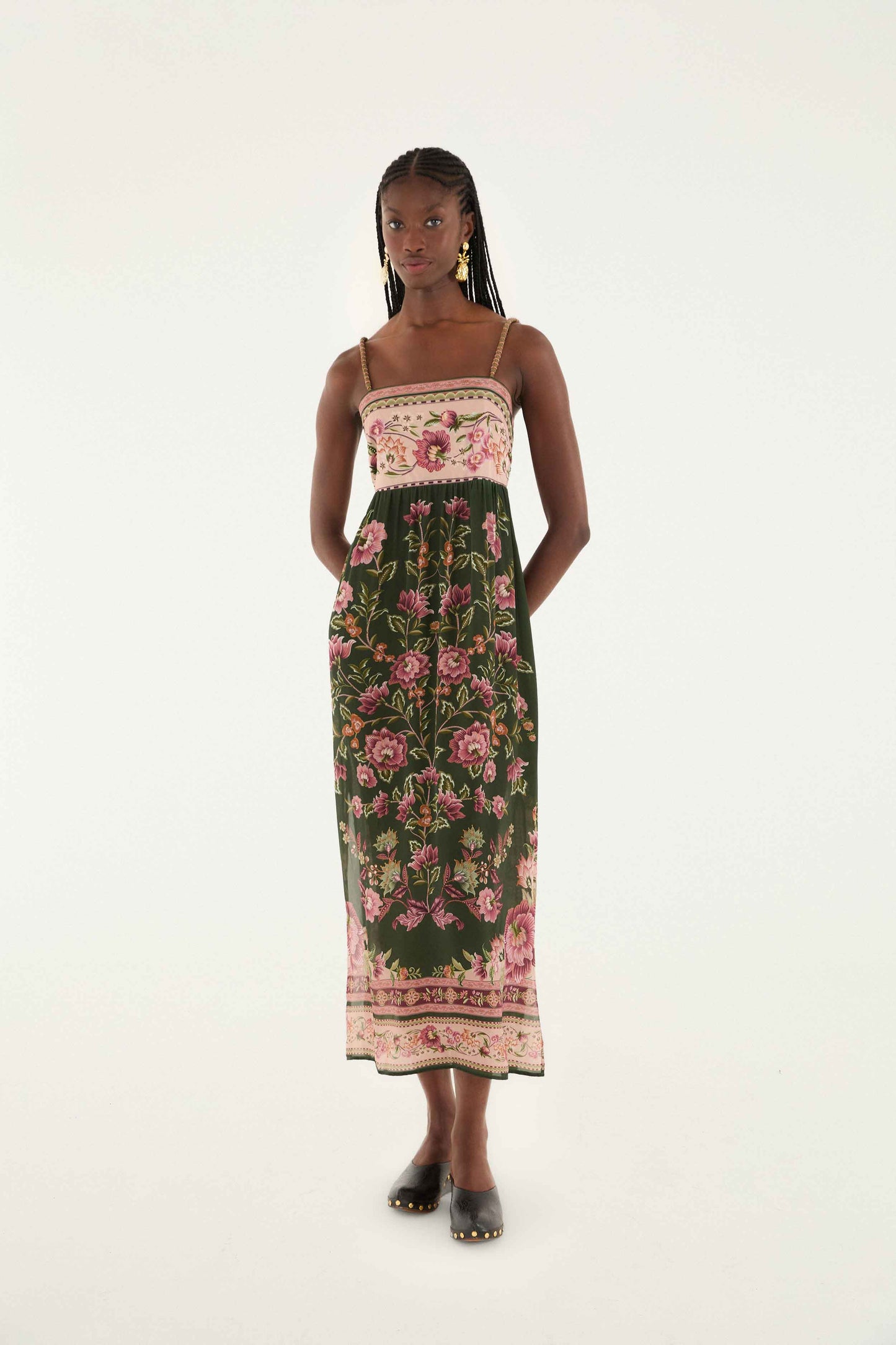 FARM Rio model wearing the Flowering Garden Tree Green Sleveeless Midi Dress