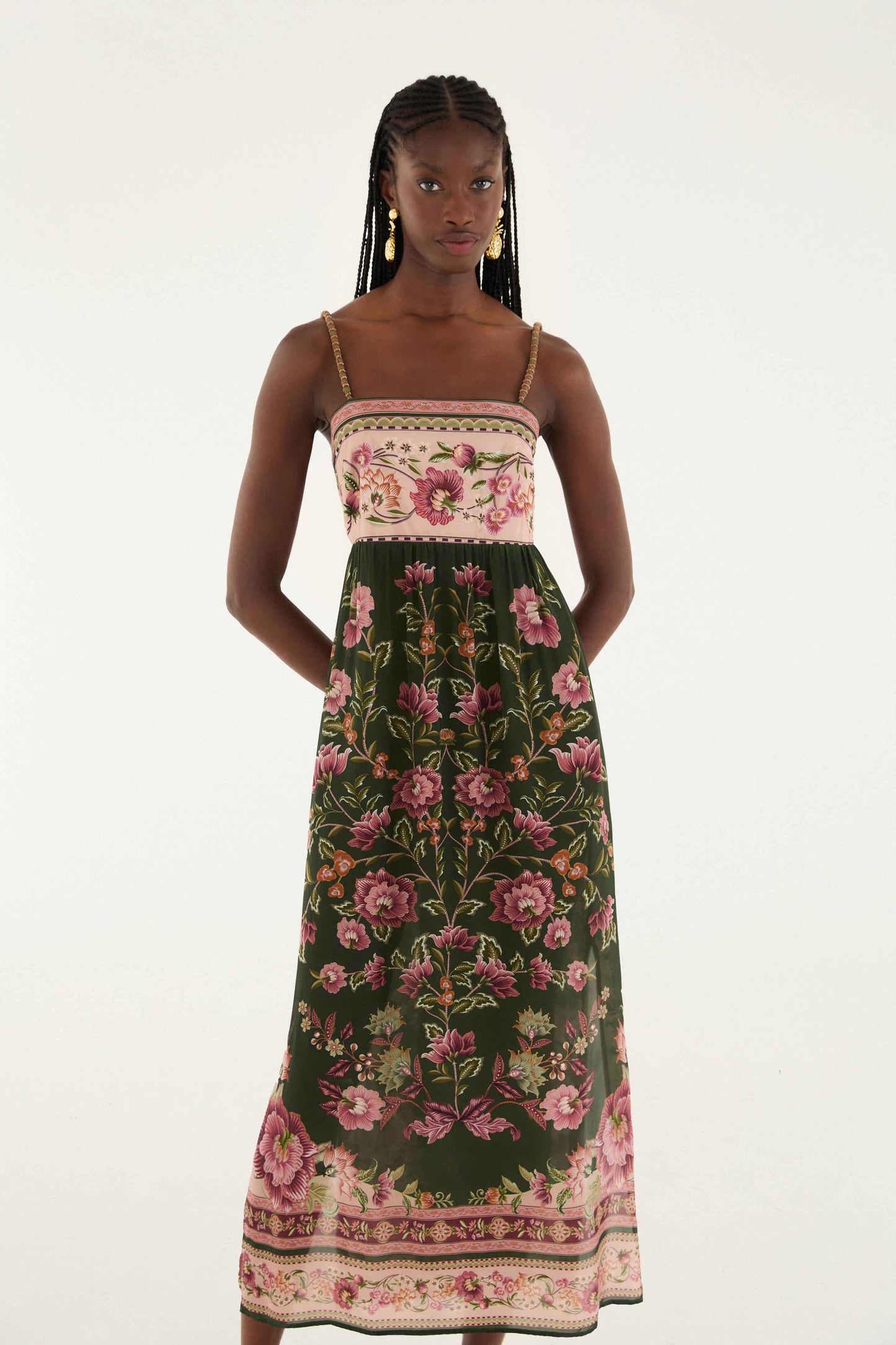 FARM Rio model wearing the Flowering Garden Tree Green Sleveeless Midi Dress