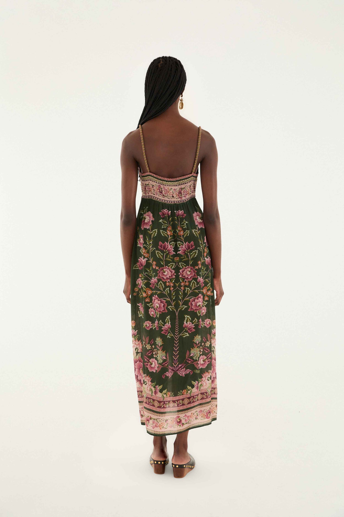 FARM Rio model wearing the Flowering Garden Tree Green Sleveeless Midi Dress