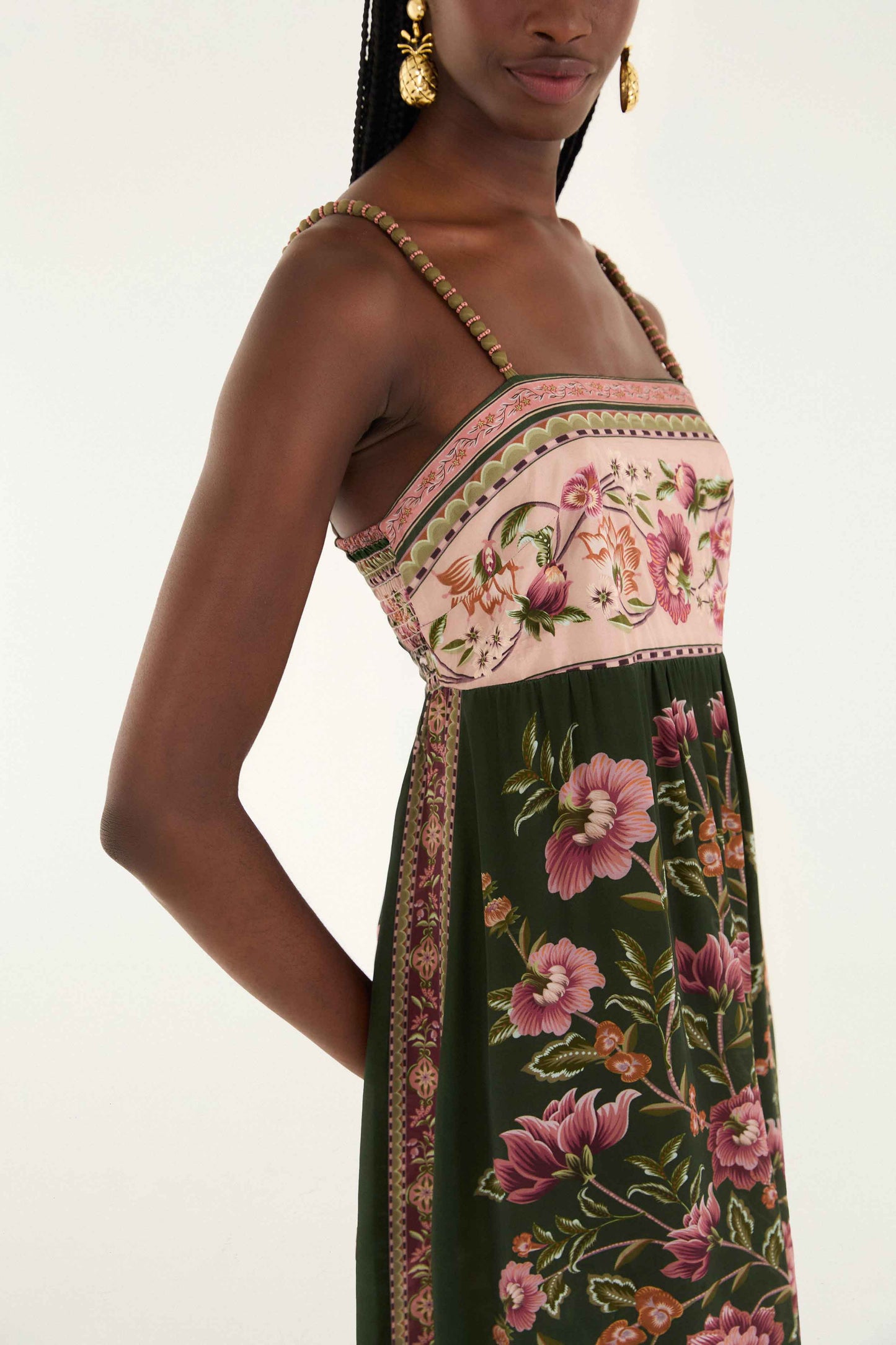 FARM Rio model wearing the Flowering Garden Tree Green Sleveeless Midi Dress
