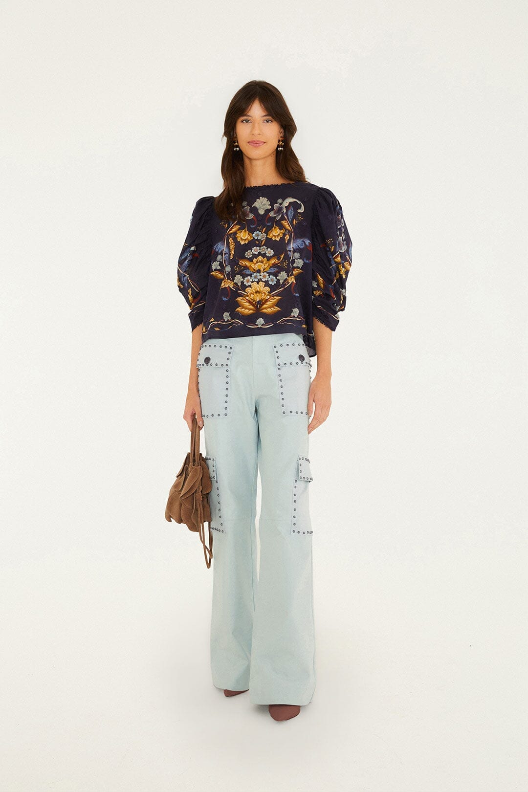Golden Nature 3D Flower Puff Sleeve Blouse