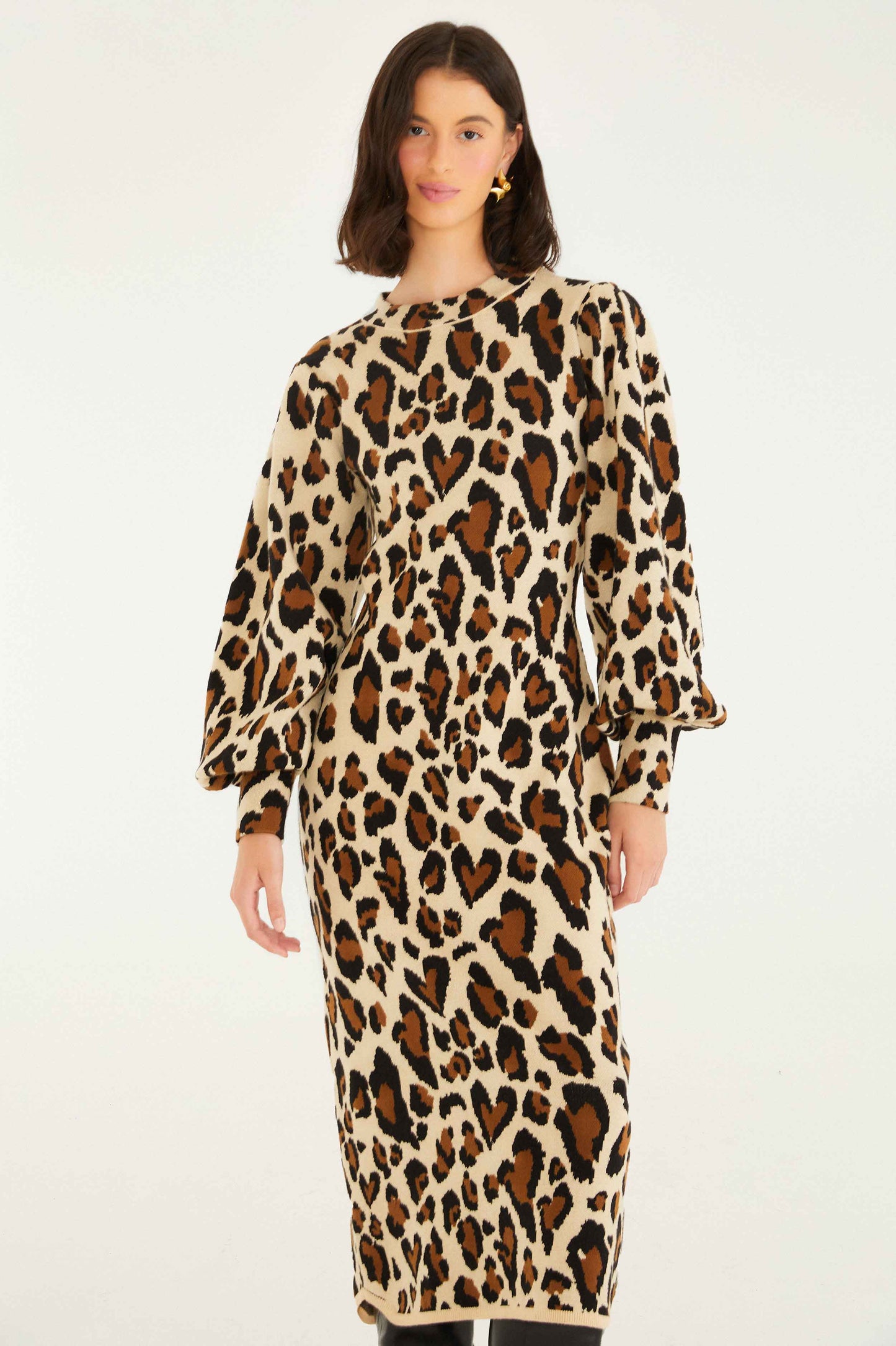FARM Rio model wearing the Leopard Print Knit Midi Dress