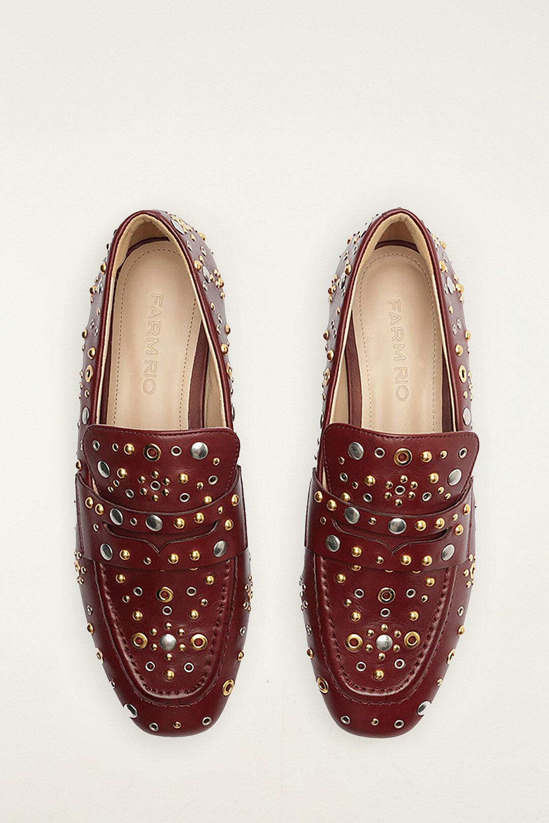 FARM Rio model wearing the Marsala Studded Loafer