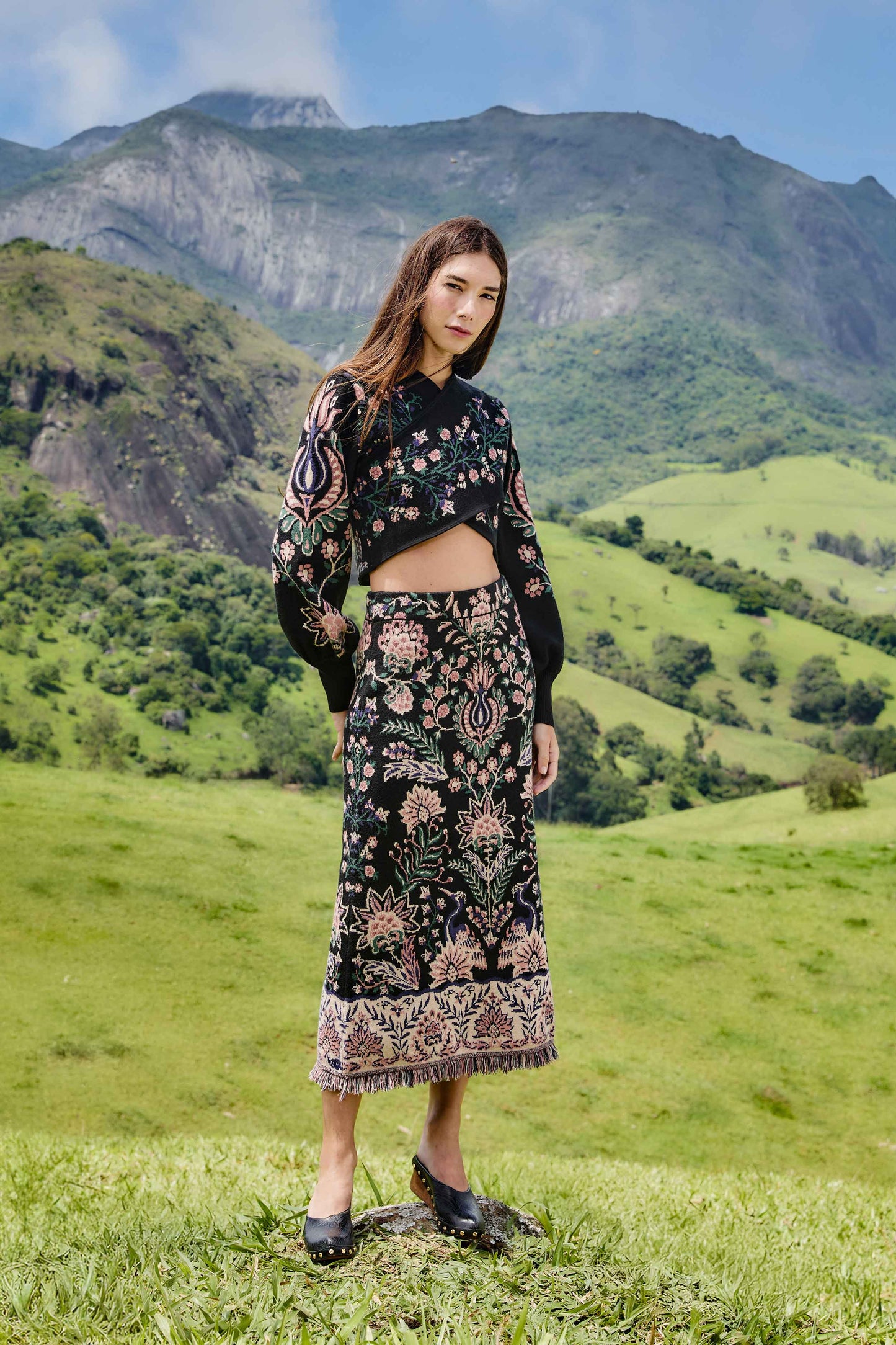 FARM Rio model wearing the Marvelous Garden Knit Skirt