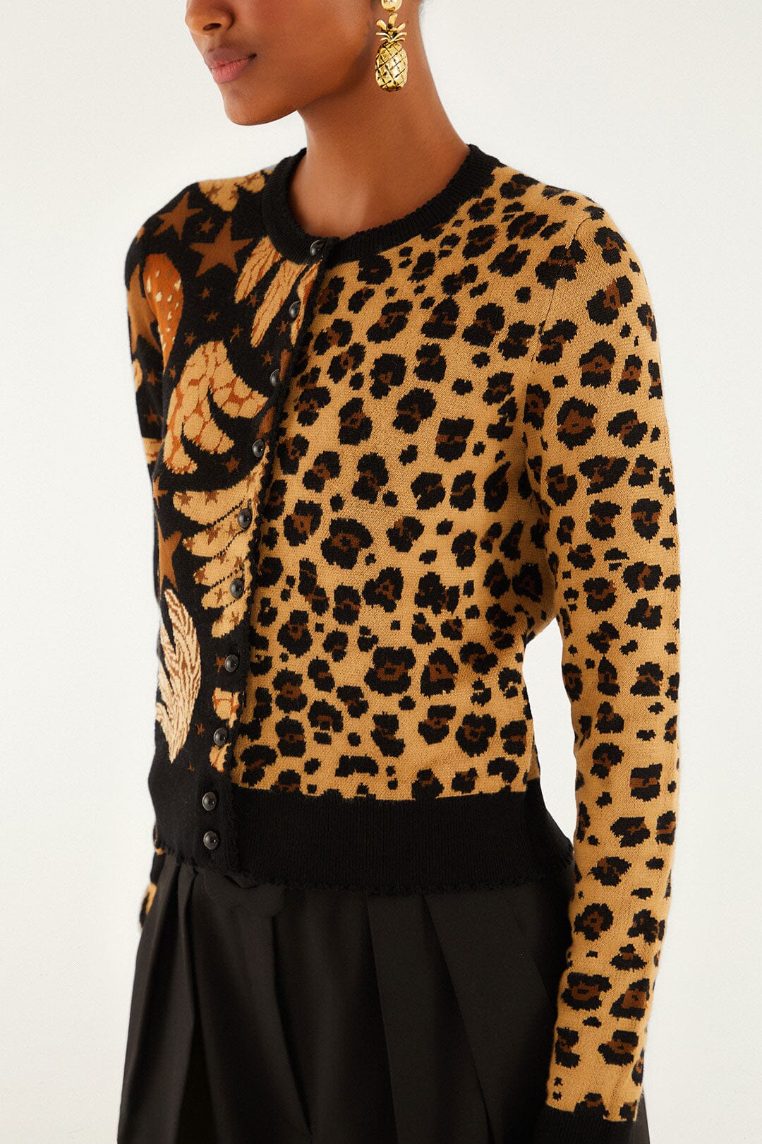 FARM Rio model wearing the Mixed Banana Leopard Buttoned Cardigan