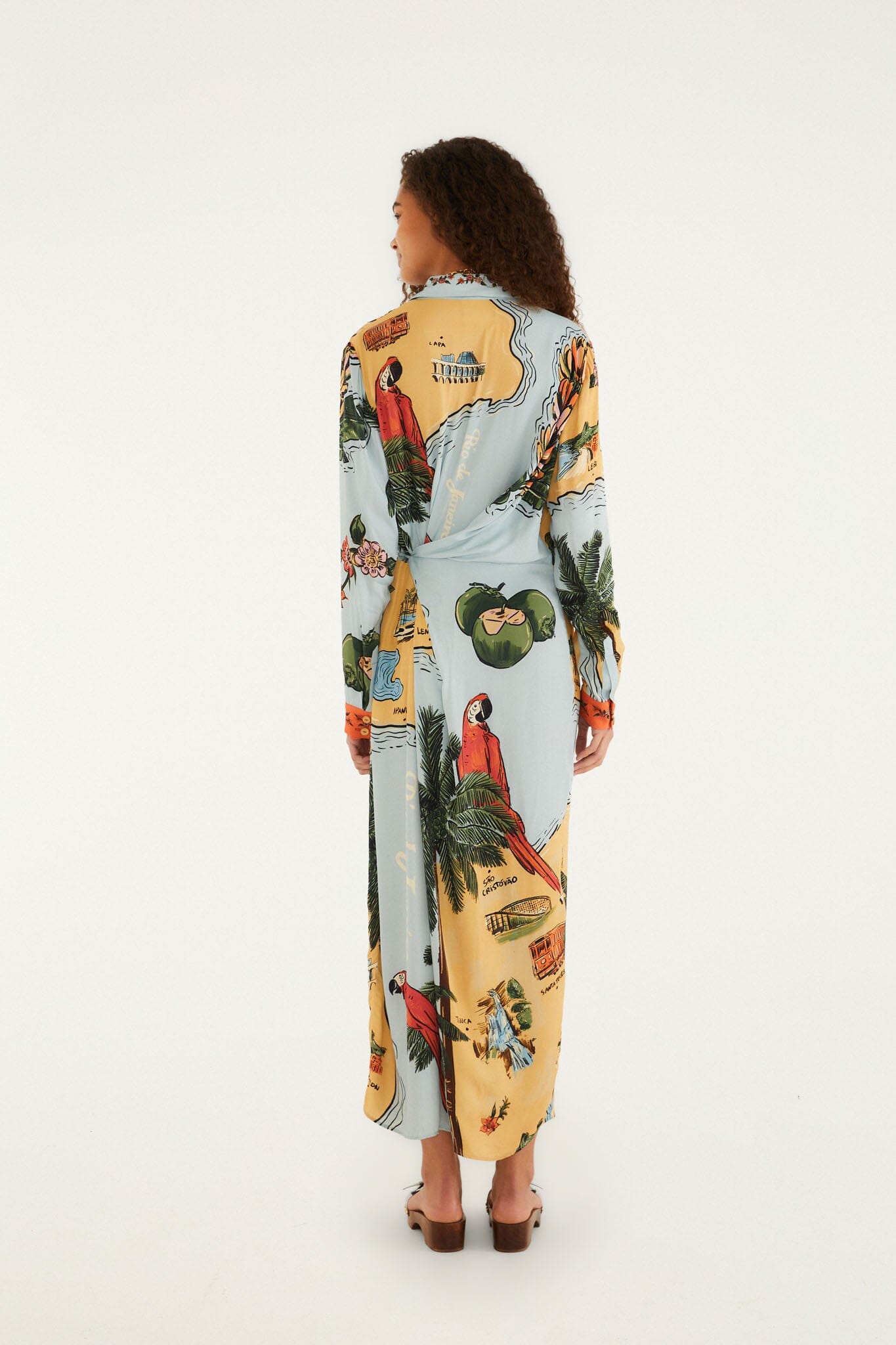 FARM Rio model wearing the Multicolor Beaches Path Collared Buttoned Maxi Dress