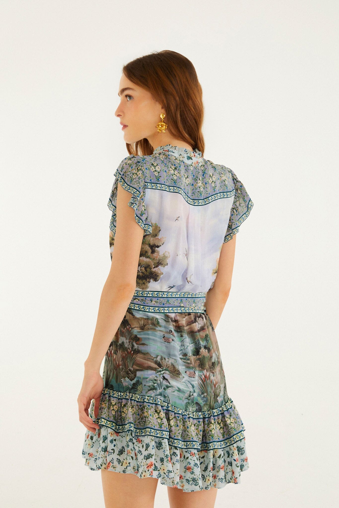 FARM Rio model wearing the Multicolor Countryside Landscape Belted Ruffled Mini Dress