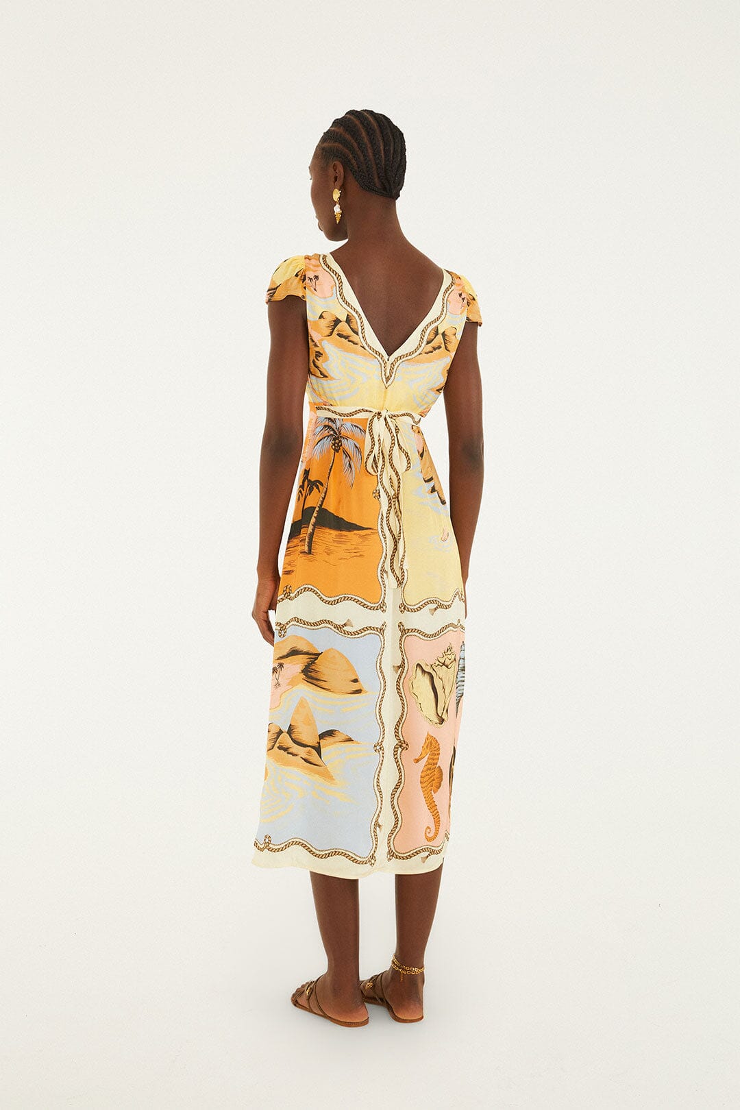 FARM Rio model wearing the Multicolor Rio Souvenir Scarves Satin Midi Dress