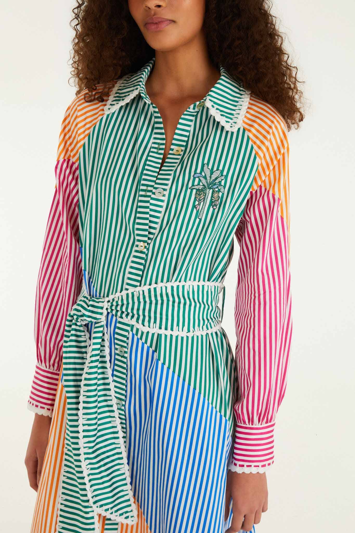 Multicolor Stripes Embroidered Belted Organic Cotton Midi Dress