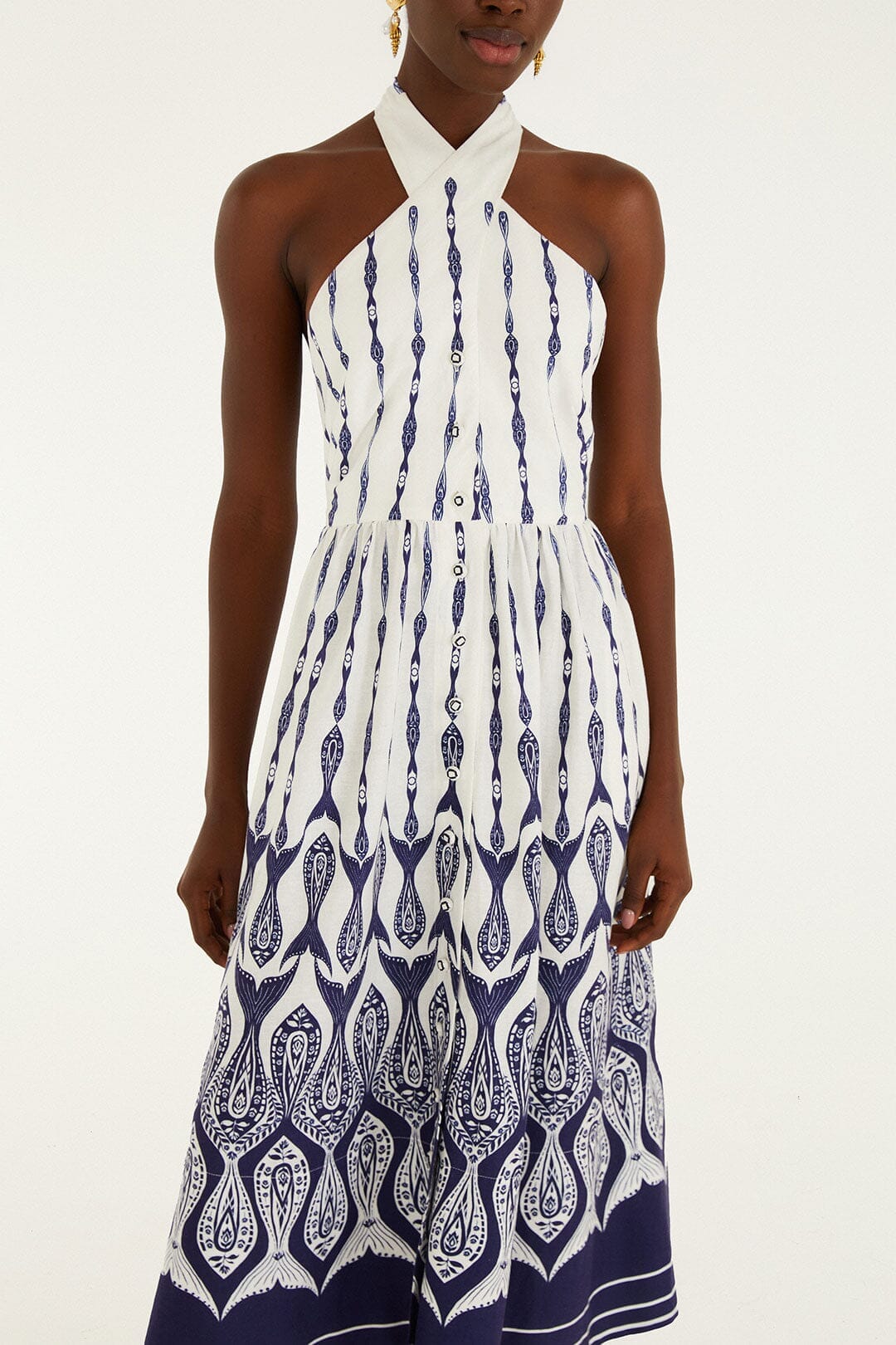 Off-White Fishes Flow Halter Neck Midi Dress
