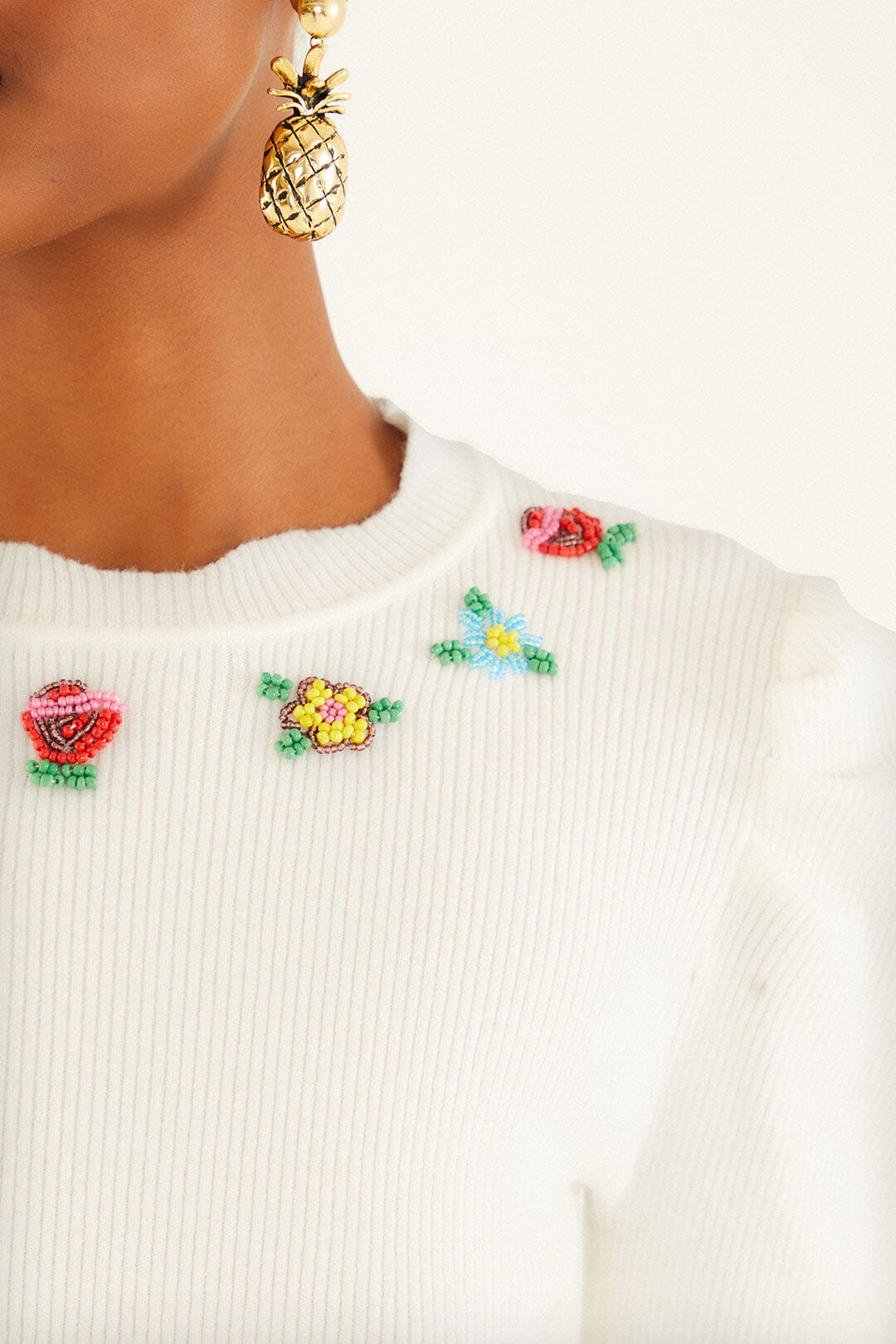 FARM Rio model wearing the Off-White Flower Embroidery Knit Top