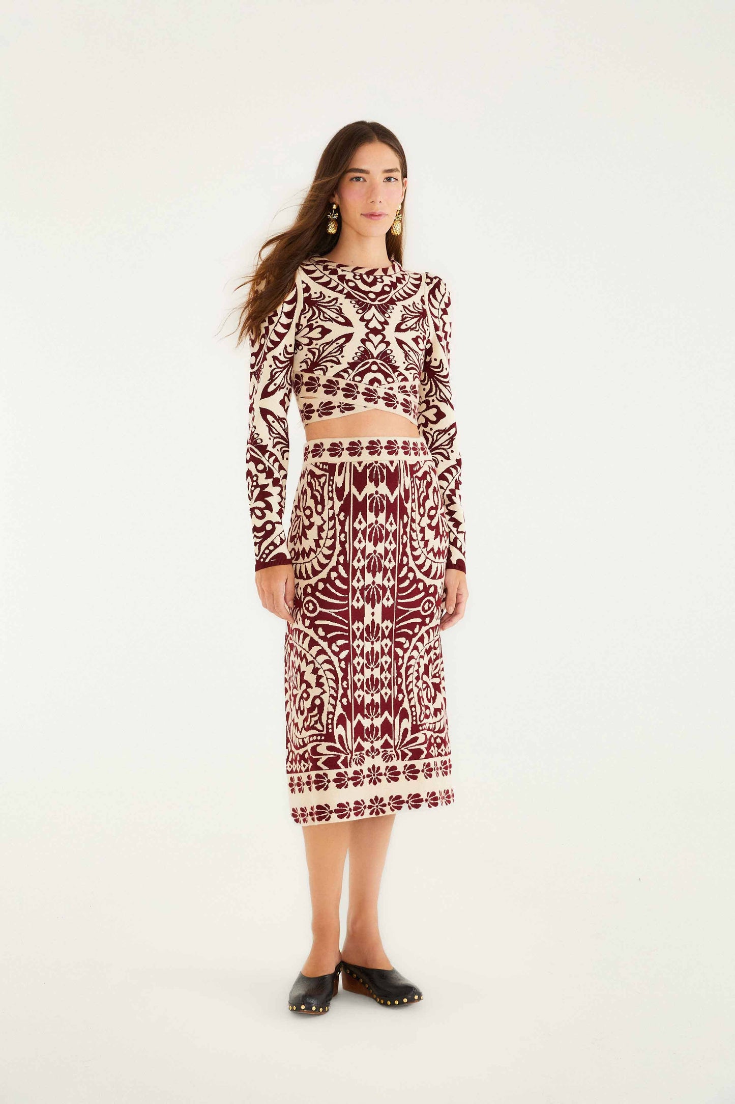 FARM Rio model wearing the Pineapple Love Knit Midi Skirt