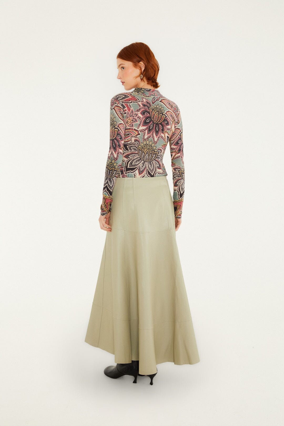 FARM Rio model wearing the Pleats Leather Midi Skirt