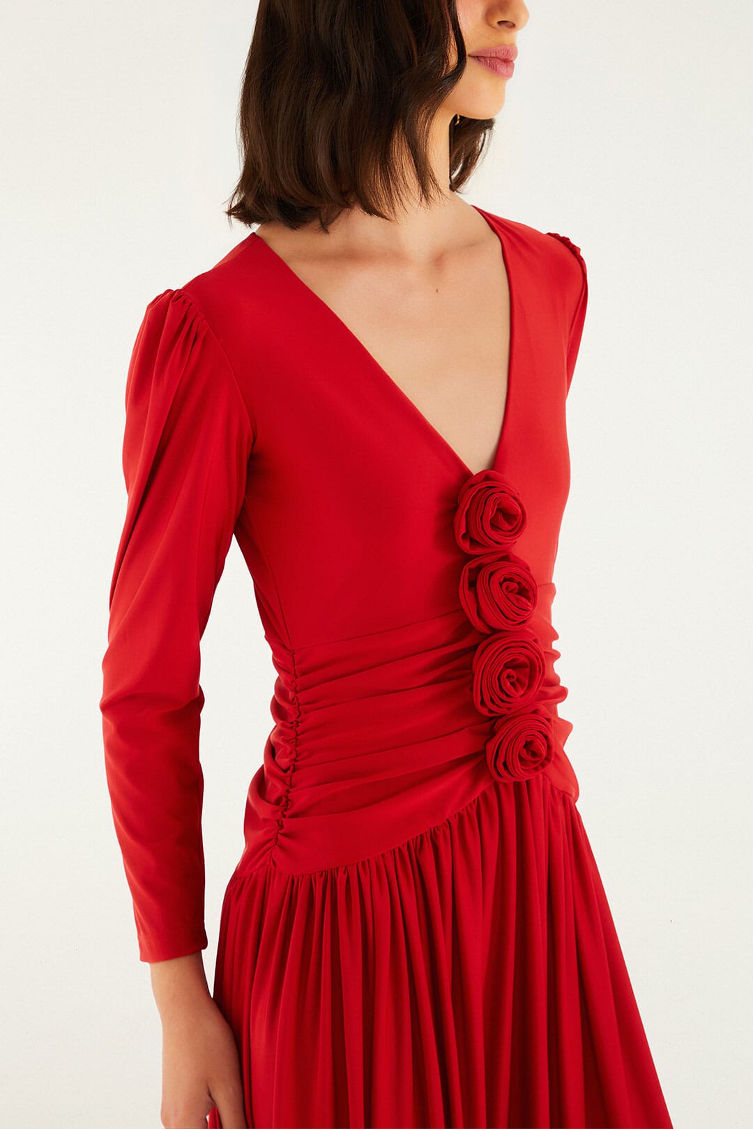 FARM Rio model wearing the Red 3d Roses Long Sleeve Draped Midi Dress