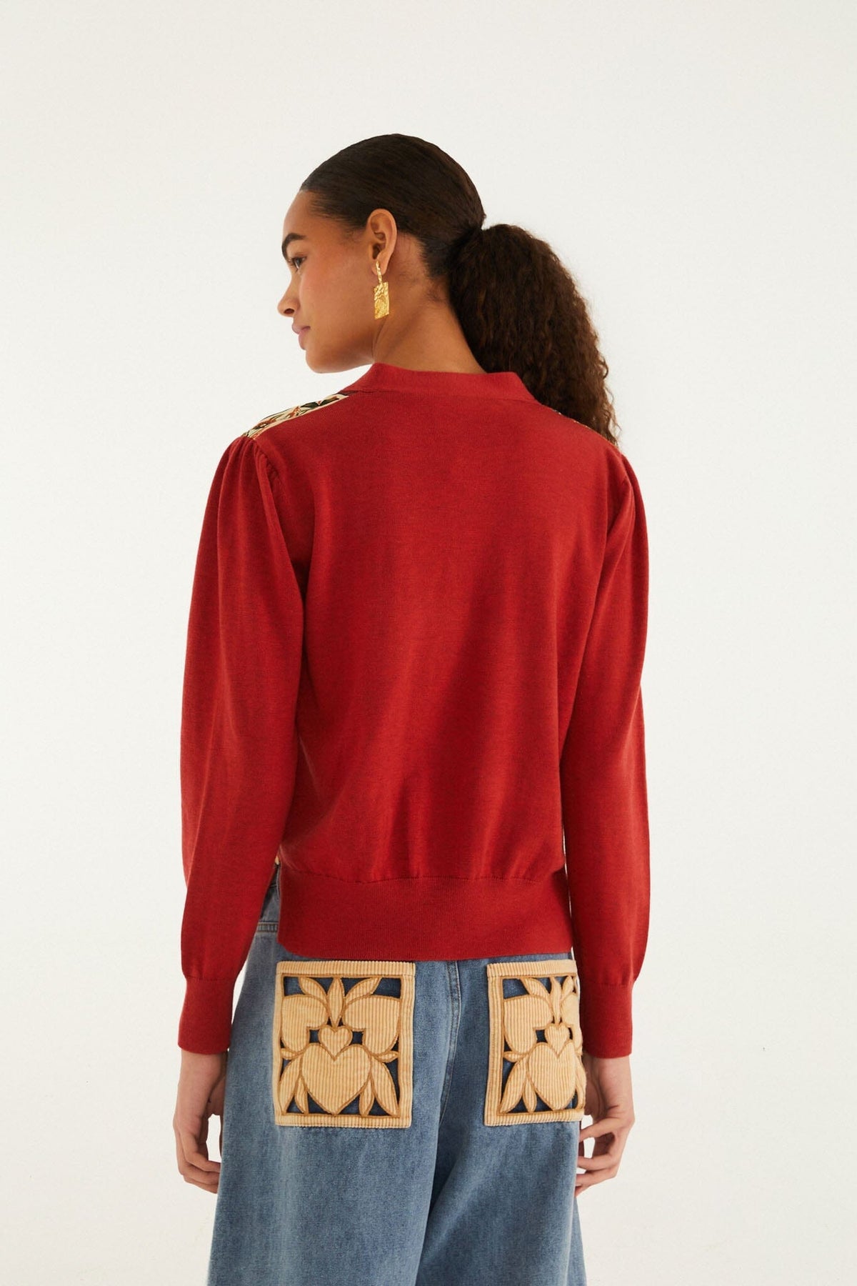 Red Ainika Garden Scarf Buttoned Knit Cardigan