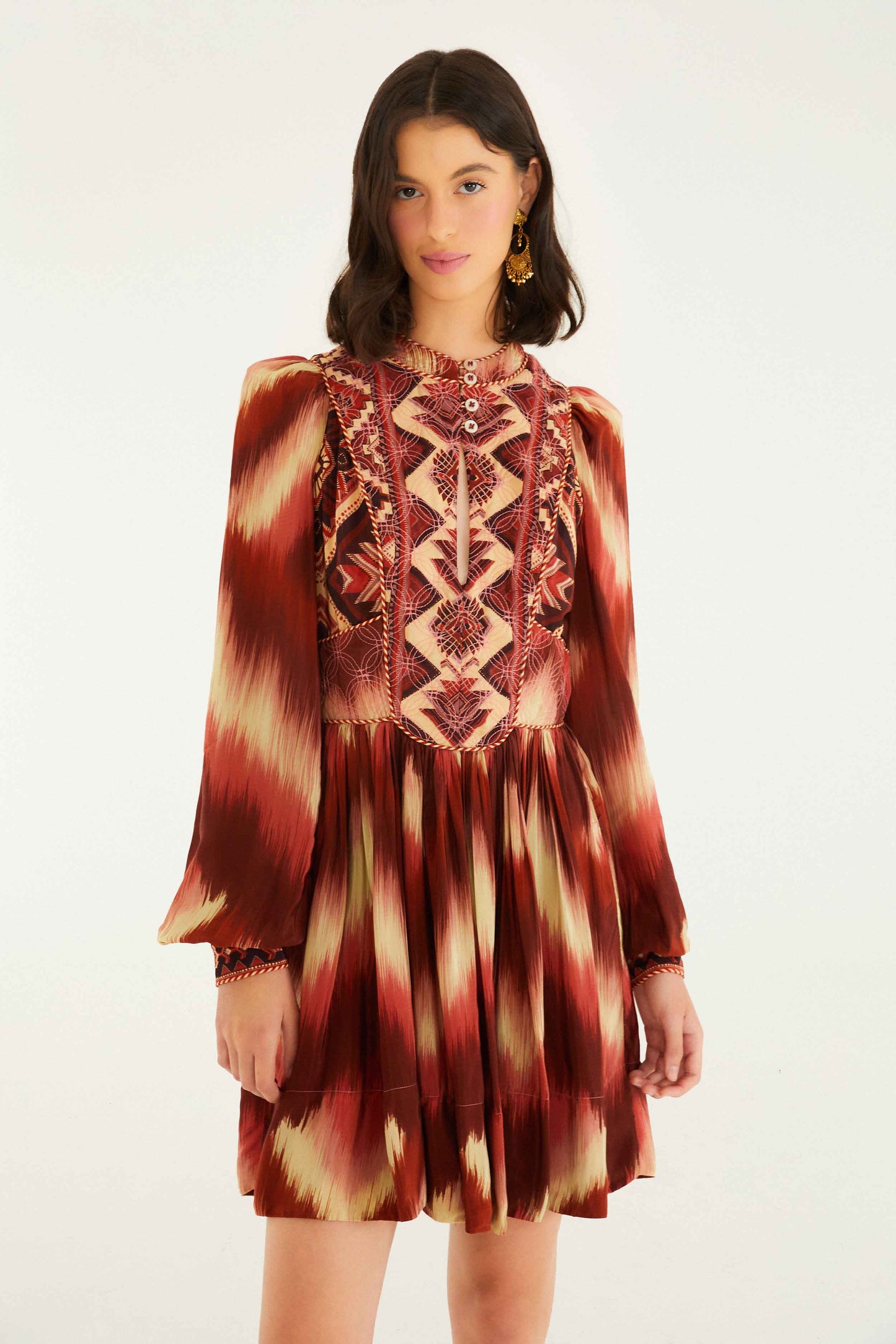 FARM Rio model wearing the Red Amanda Stripes Tapestry Quilted Mini Dress