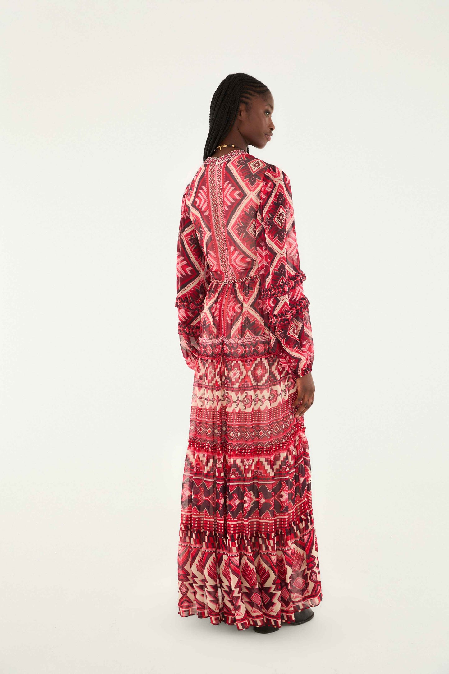FARM Rio model wearing the Red Graphic Ainika Belted Tiered Maxi Dress