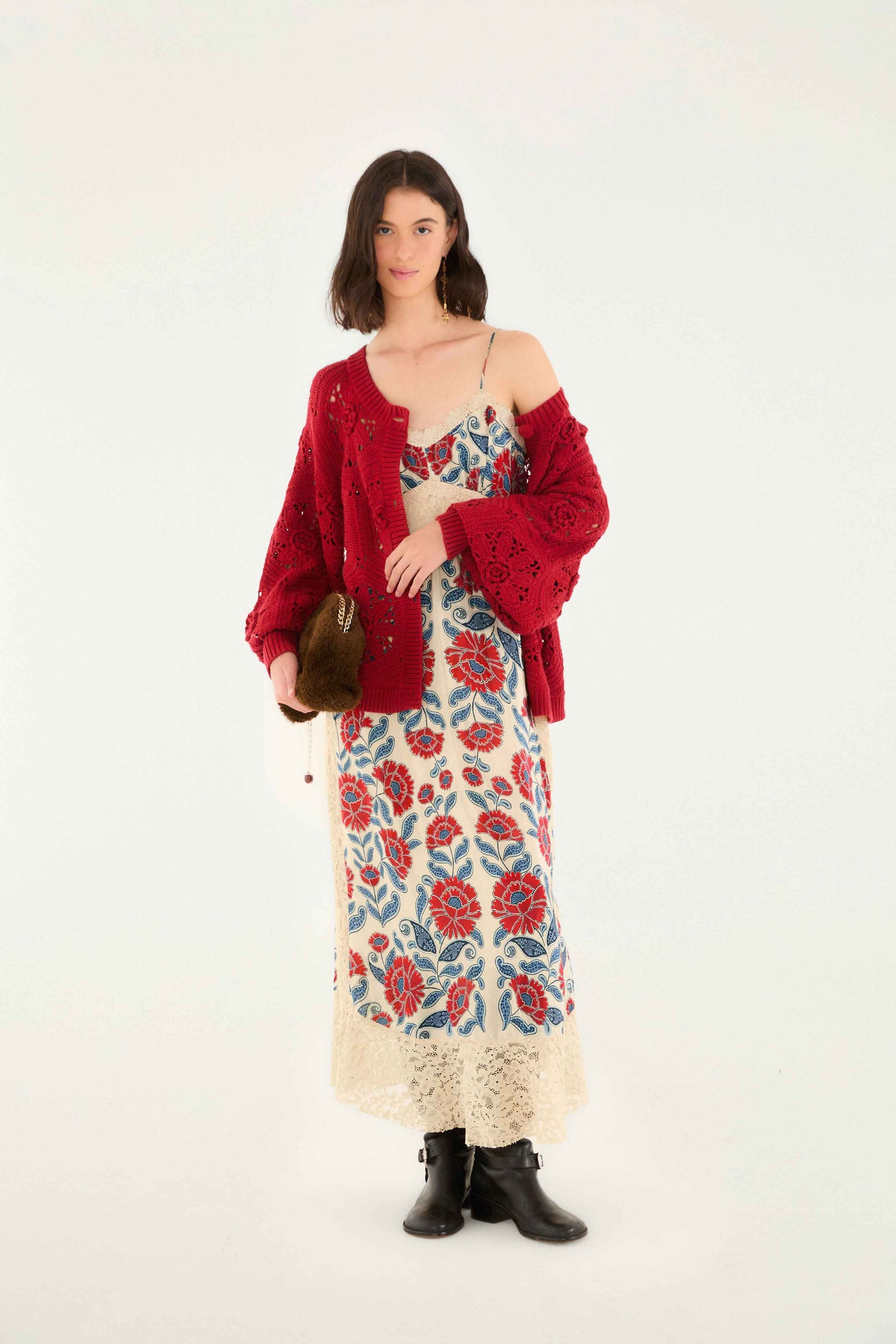 FARM Rio model wearing the Sand Francesca Midi Dress