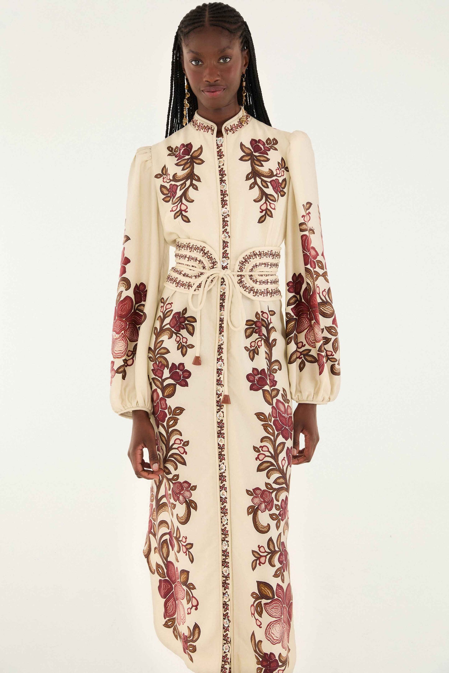 FARM Rio model wearing the Sand Renata Floral Long Sleeve Midi Dress