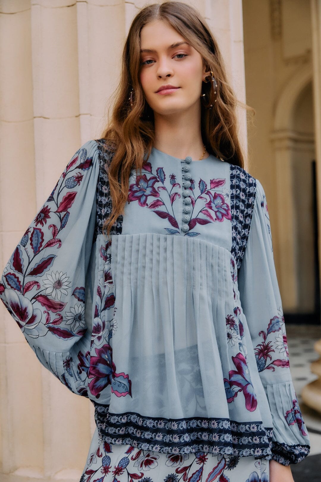 Soft Blue Marcelle Crochet Buttons Pleated Blouse | FARM Rio