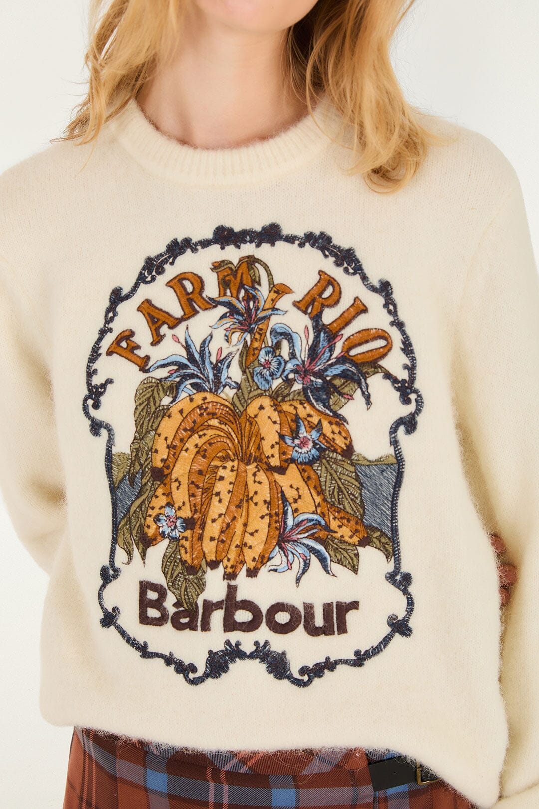 FARM Rio model wearing the Tropical Embroidered Knit Sweater