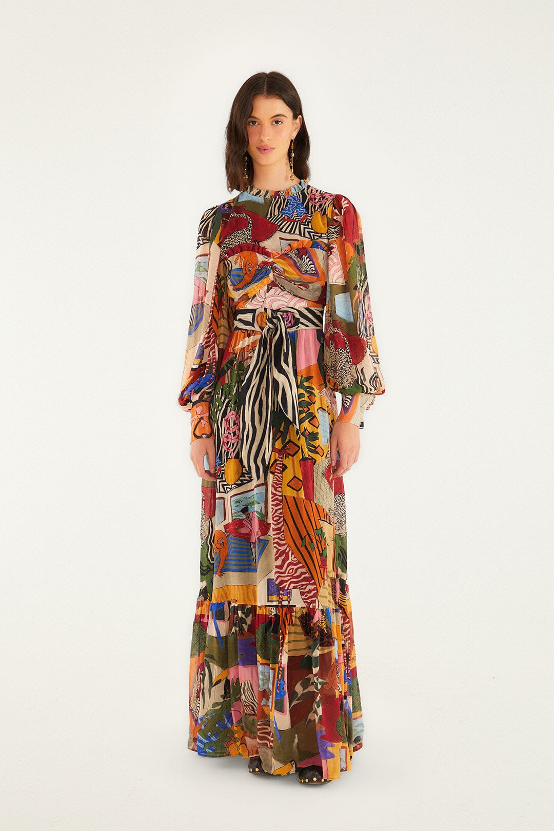 FARM Rio model wearing the Tropical Multicolor Long Sleeve Maxi Dress