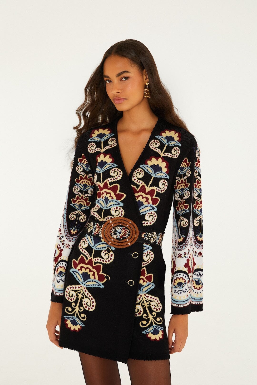 Winter Floral Belted Knit Mini Dress