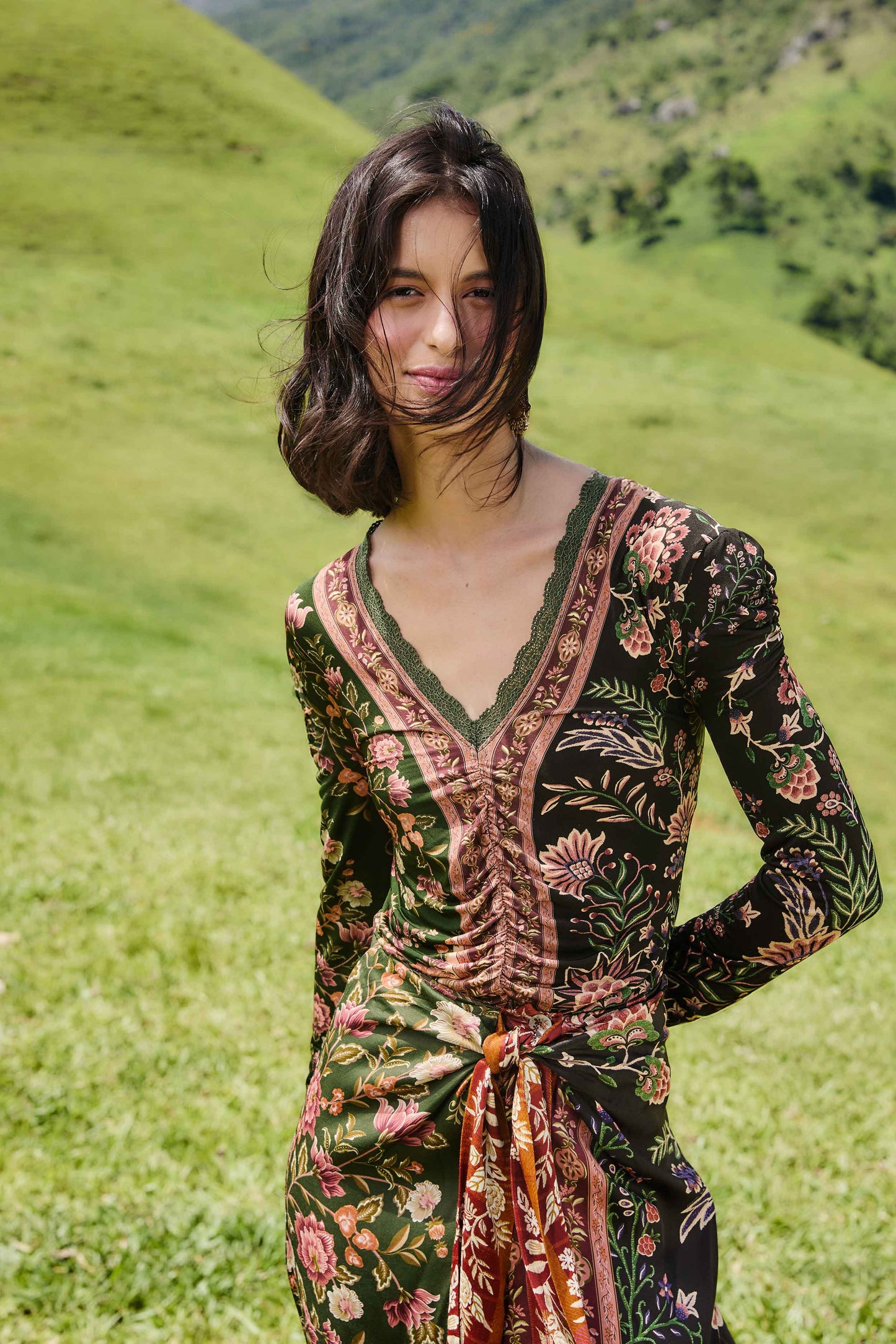 FARM Rio model wearing the Winter Garden Mix Long Sleeve Blouse