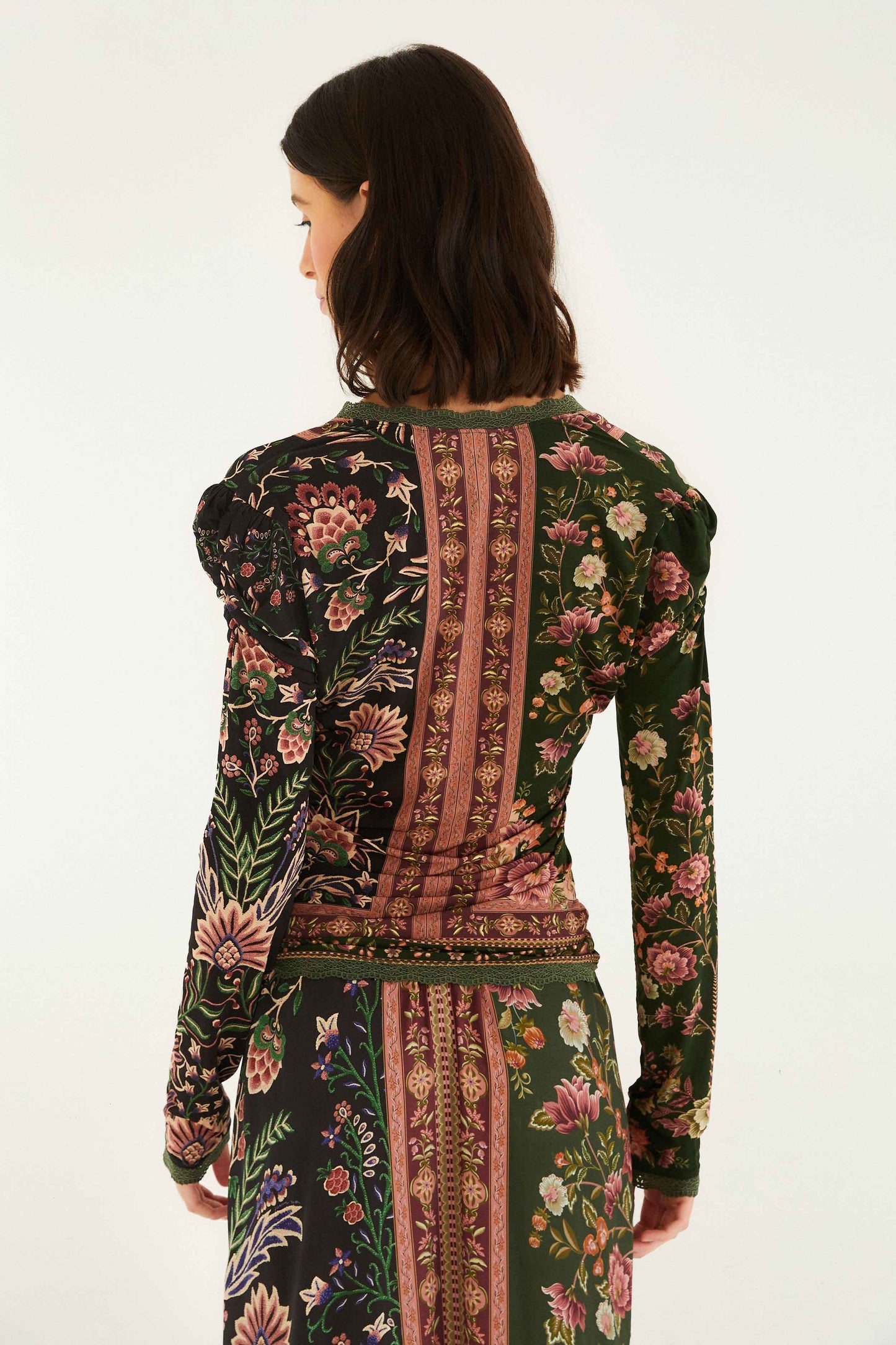 FARM Rio model wearing the Winter Garden Mix Long Sleeve Blouse