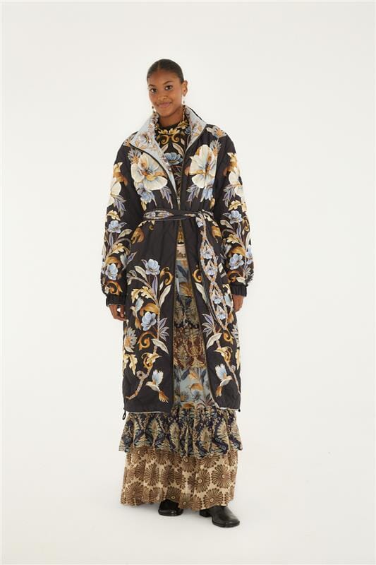 Black Flowerful Snake Garden Reversible Maxi Puffer Jacket