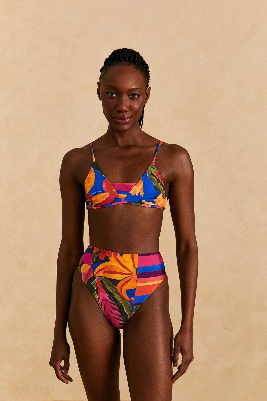 Blue Floral Tropical & Colorful Stripes High Waisted Bikini Bottom