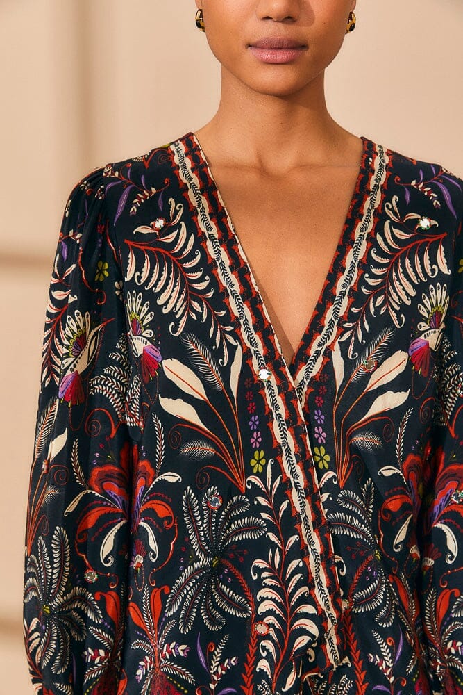 Black Classic Garden Mirror Trim Blouse